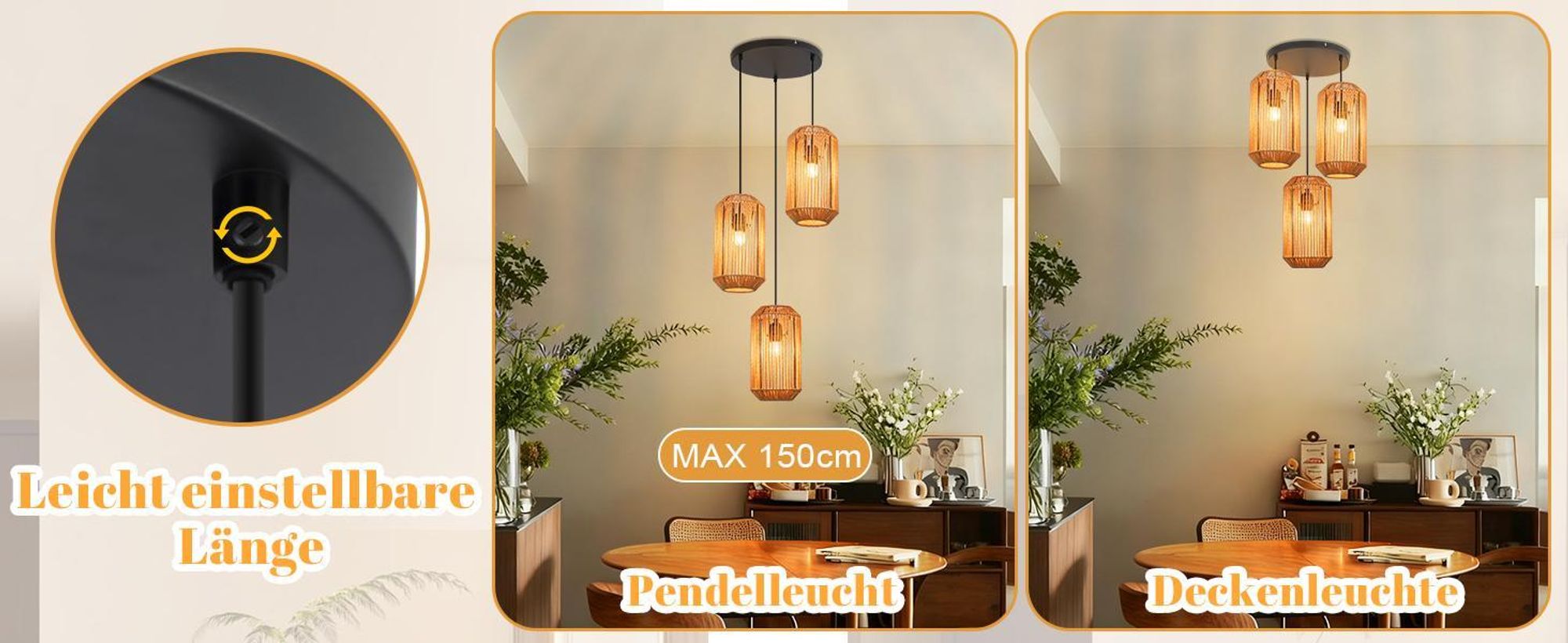ZMH lampa wisząca boho lampa wisząca rattanowa lampa wisząca lampa wisząca z regulacją wysokości lampa wisząca jadalnia 3 płomienie lampa do salonu z gniazdem E27