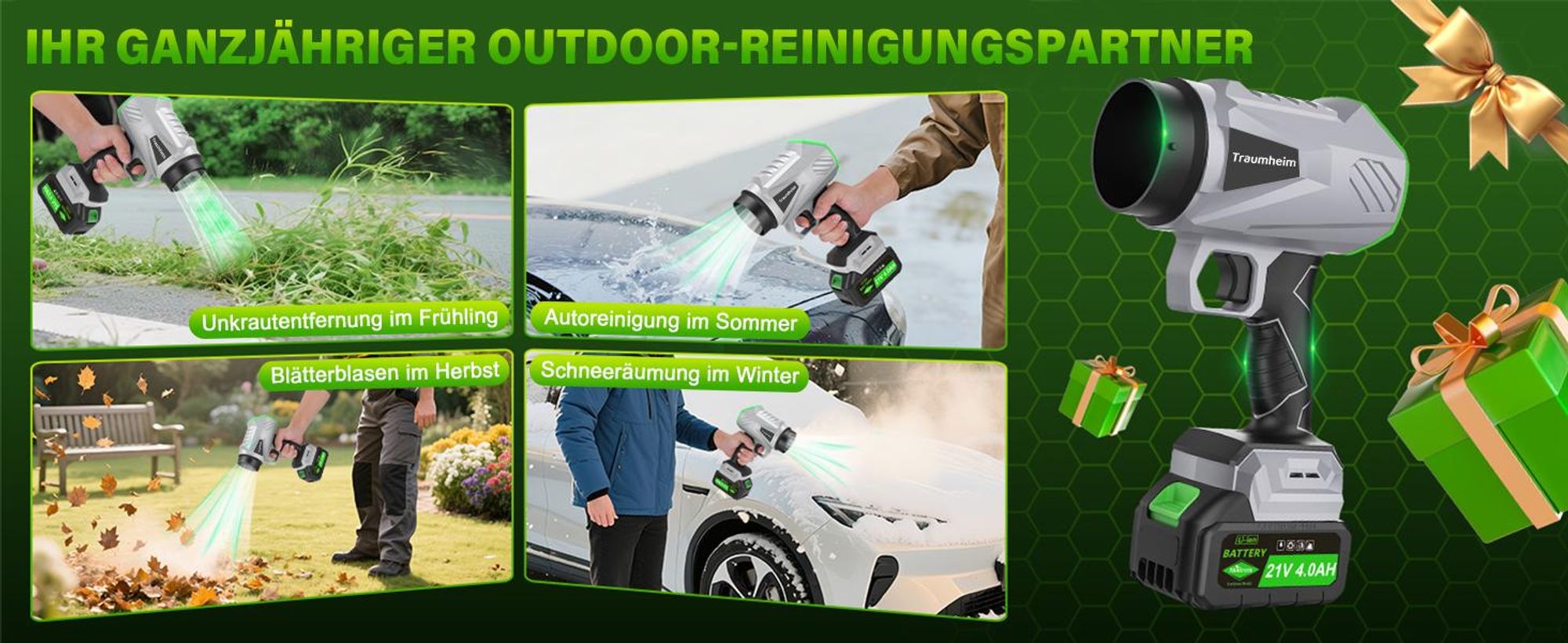 Akku Laubbläser, Handgebläse mit Turbostrahl 65m/s, 400CFM, Bürstenloser Motor, 2×4000mAh Akku, Leicht, Kabellos, Garten, Terrasse, Autoreinigung