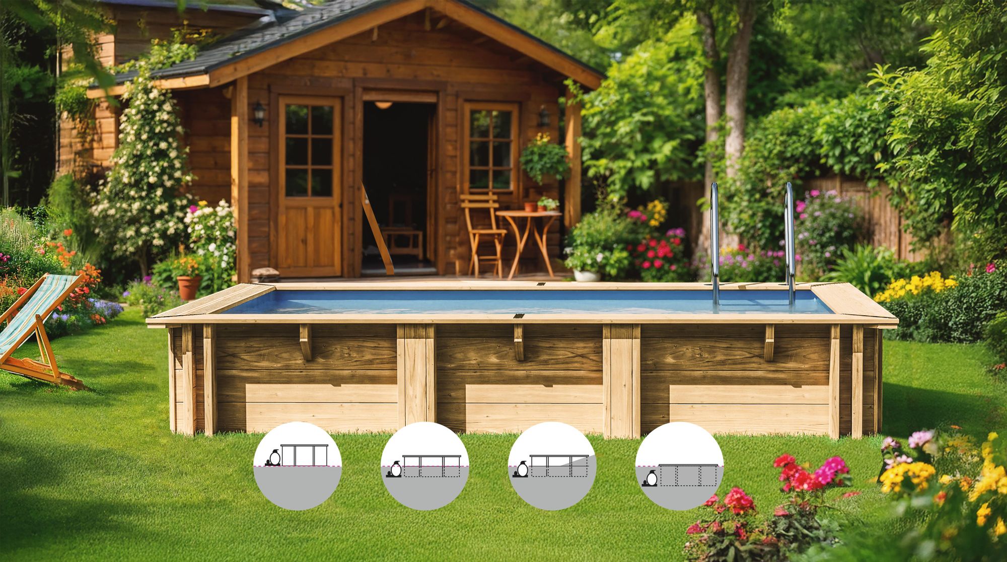 GRE Holzbecken rechteckig Modell Mint 418 x 1013 x 146 cm, Komplettset + GRATIS Sommer- und Winterabdeckung