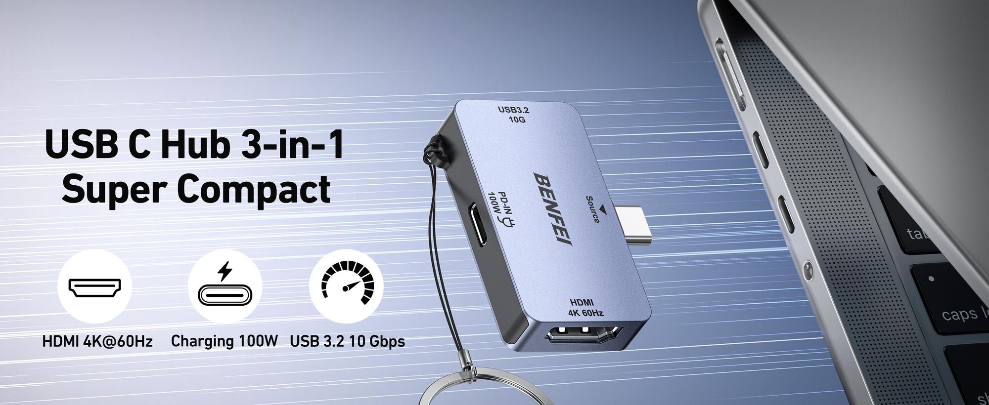 BENFEI Hubs USB C Hub 3in1 Super Kompakt HDMI 4K 60Hz