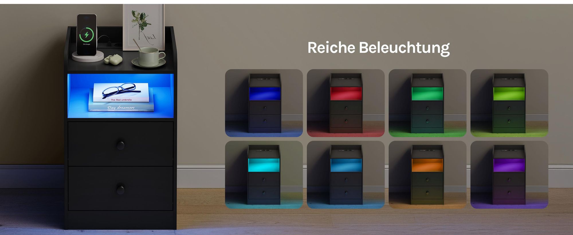 WOLTU Nachttisch Nachtschrank, Ladefunktion LED-Licht, 2 Steckdosen 2 USB, Holz, Schwarz