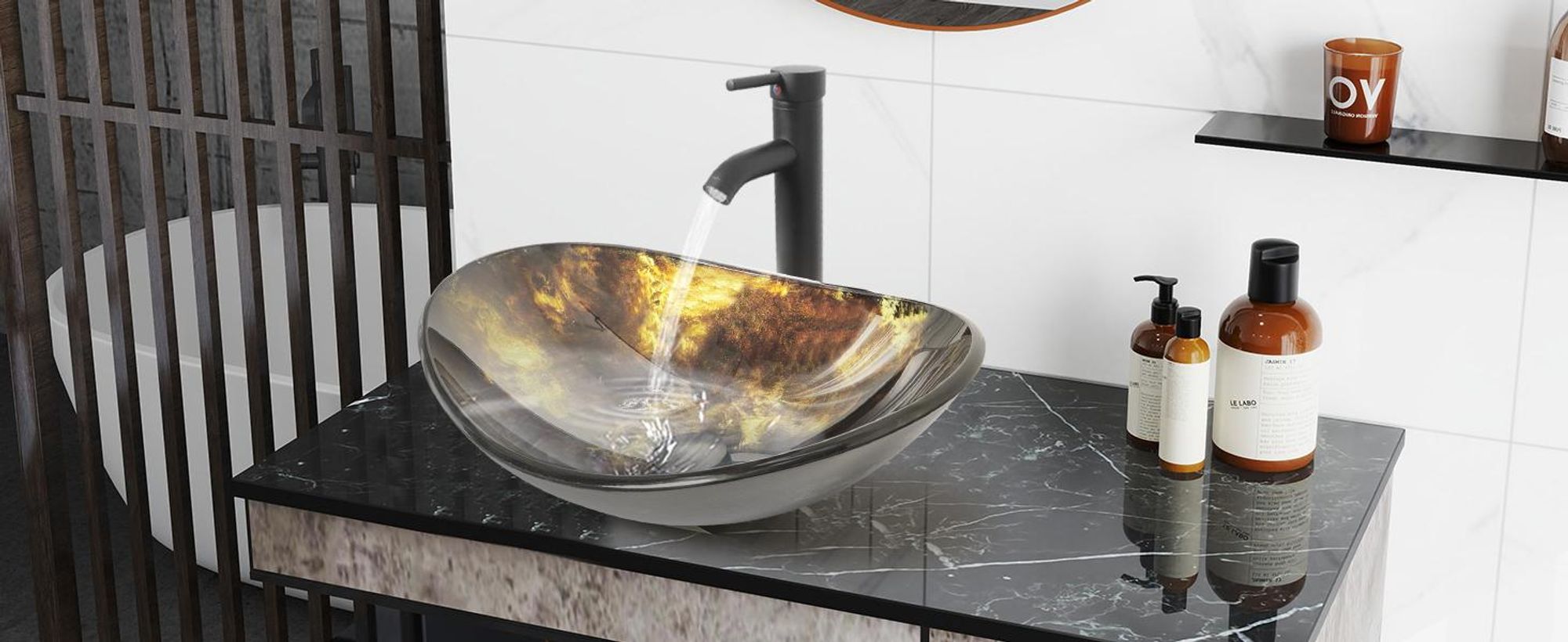 Puluomis Waschbecken Glas Aufsatzwaschbecken Waschschale Oval 53x35x16cm mit Wasserhahn, Ablaufgarnitur, heiße und kalte Wasser Linien Schwarz Gelb