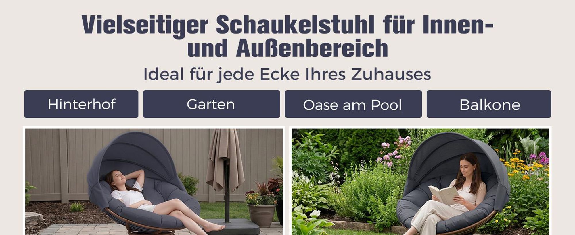 COMHOMA Papasansessel, gemütlicher Drehsessel mit Kissen rund, bequemer Rattansessel, Loungesessel drehbar, runder Relax Korbsessel Rattan, GRAU