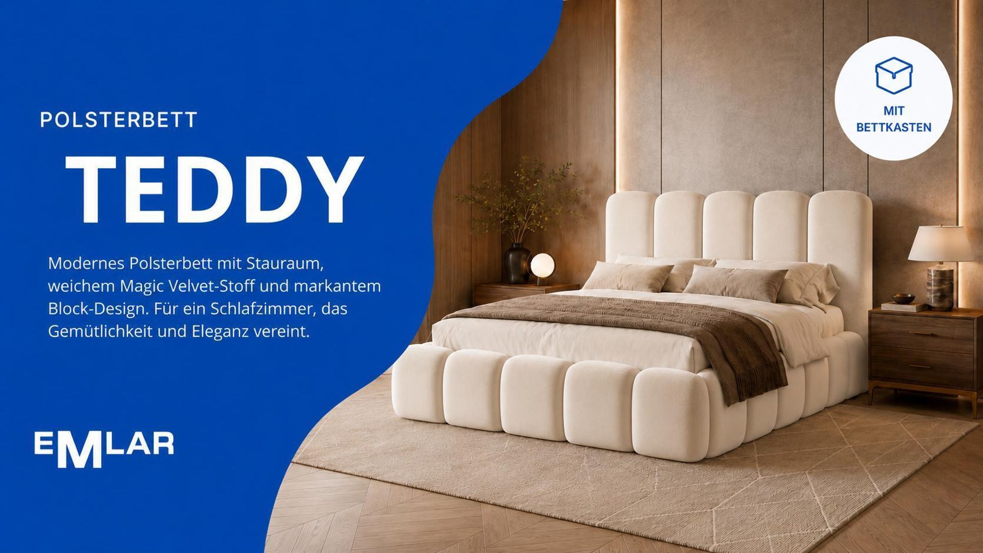 Polsterbett TEDDY aus Velvet-Stoff Quelle mit Stauraum und modernem Design
