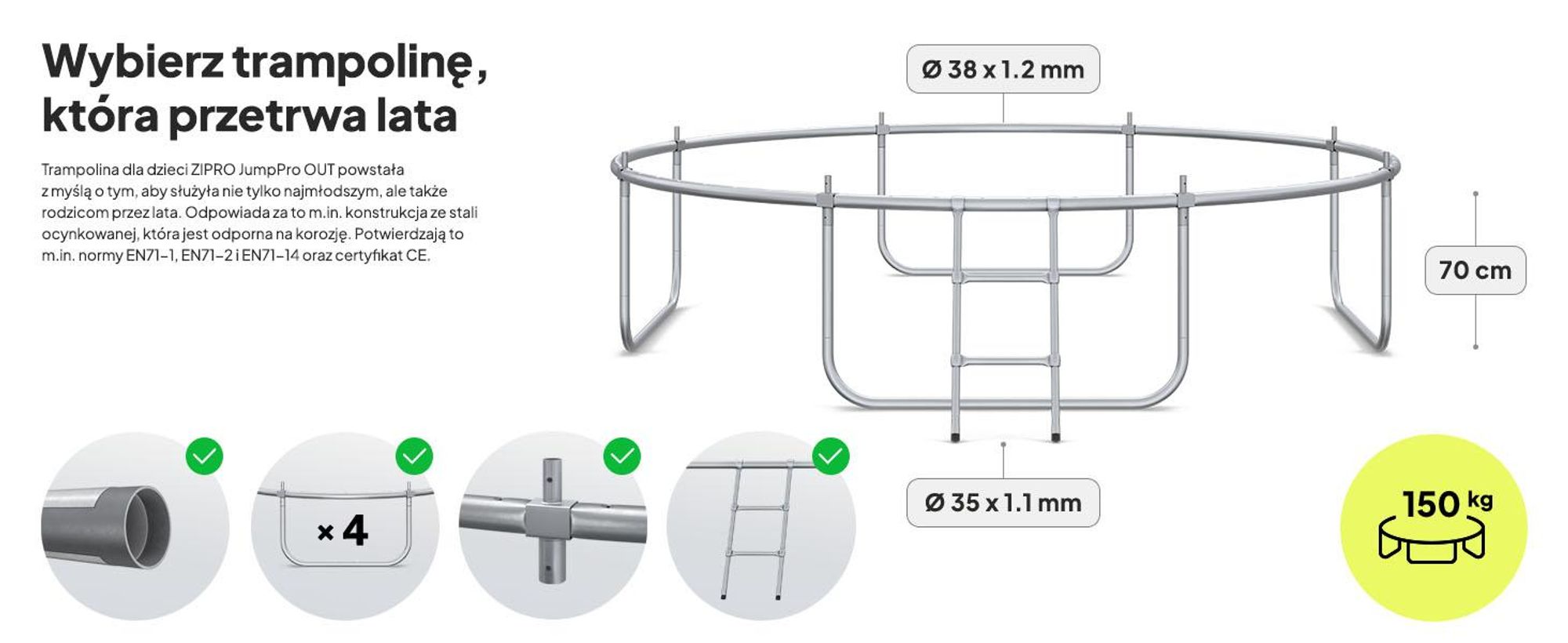 Trampolina ZIPRO Jump Pro Out | 10FT Ø 312 cm | Trampolina ogrodowa dla dzieci Kompletny zestaw zawierający siatkę zewnętrzną, drabinkę i osłonę krawędziową, do użytku na zewnątrz, kolor zielony