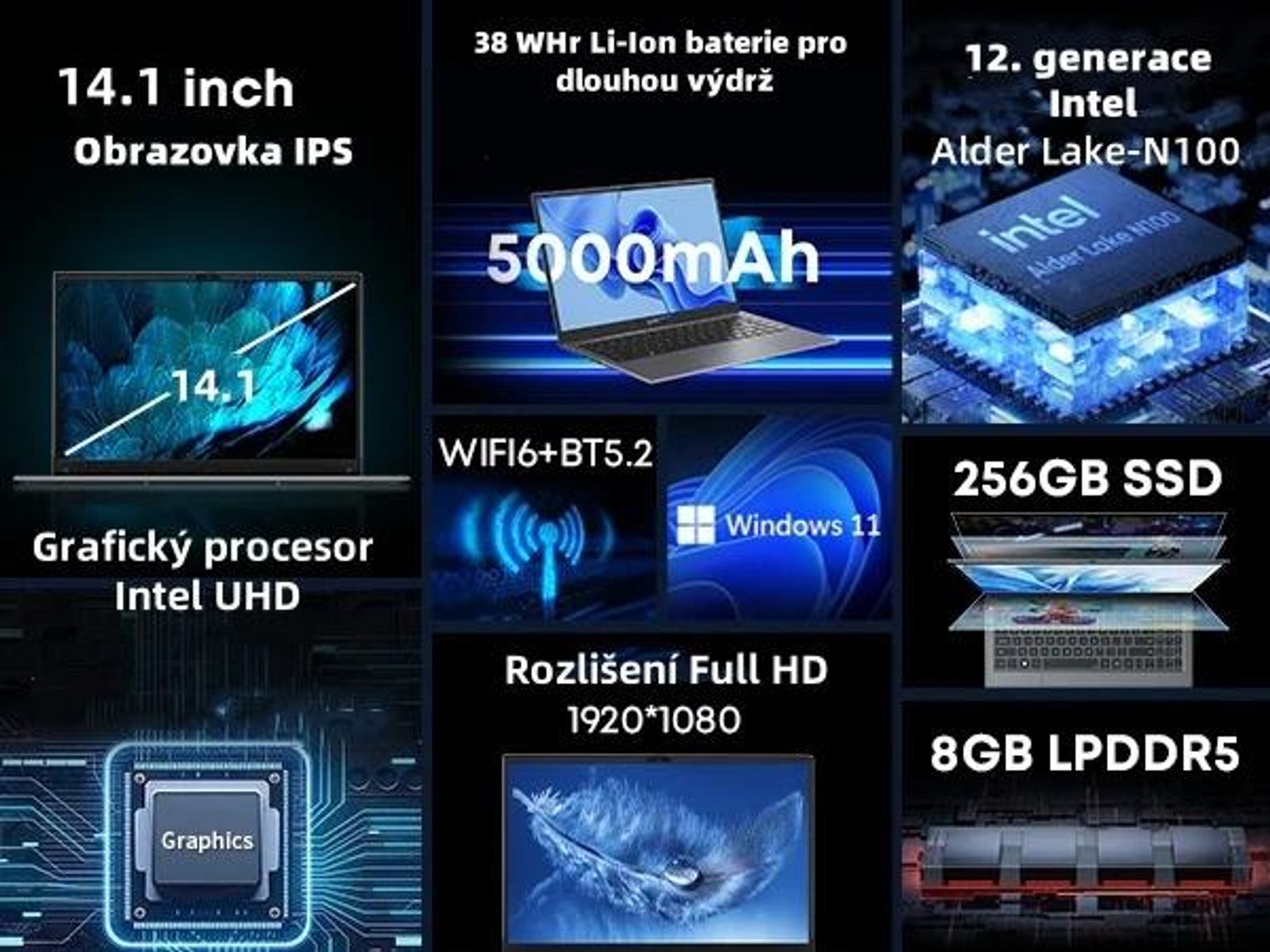 Notebook CHUWI GemiBook XPro - Procesorom Intel N100 Displej 14.1" Windows 11 8+256GB Batéria 5000mAh - Sivá