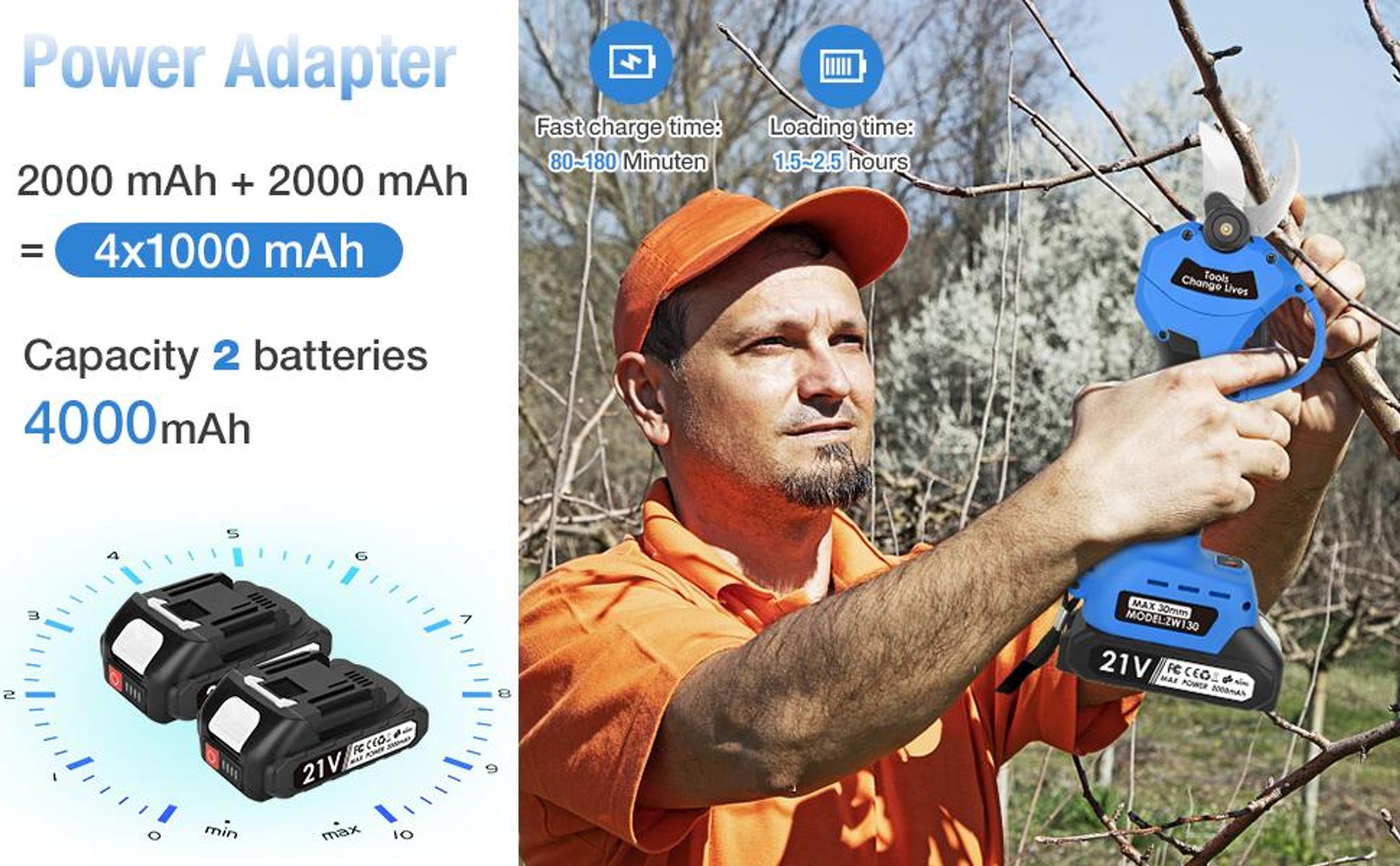 Akku Astschere Akku Baumschere,Max 30MM Schnittdurchmesser, mit 2Stk Batterien