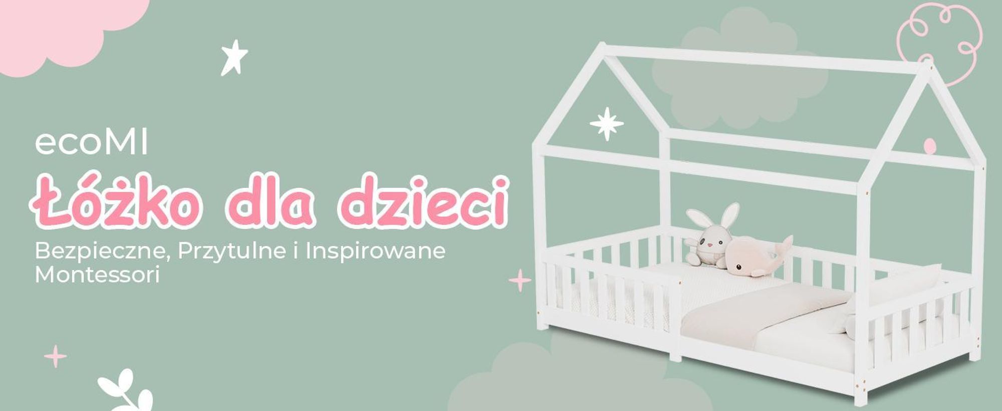 Łóżko dziecięce 90×200 z barierką ochronną i stelażem, łóżko-domek – łóżko dziecięce 90×200 dla dzieci – łóżko-domek dziecięce 90×200 białe