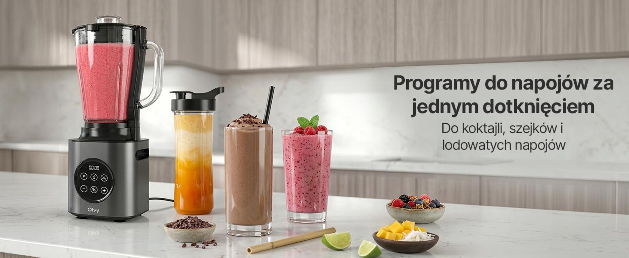 Blender kielichowy Olvy 1000W, dzbanek szklany 1,5L, kubek Tritan 600ml, 9 prędkości, Pulse, kruszenie lodu Funkcja smoothie i koktajli mlecznych