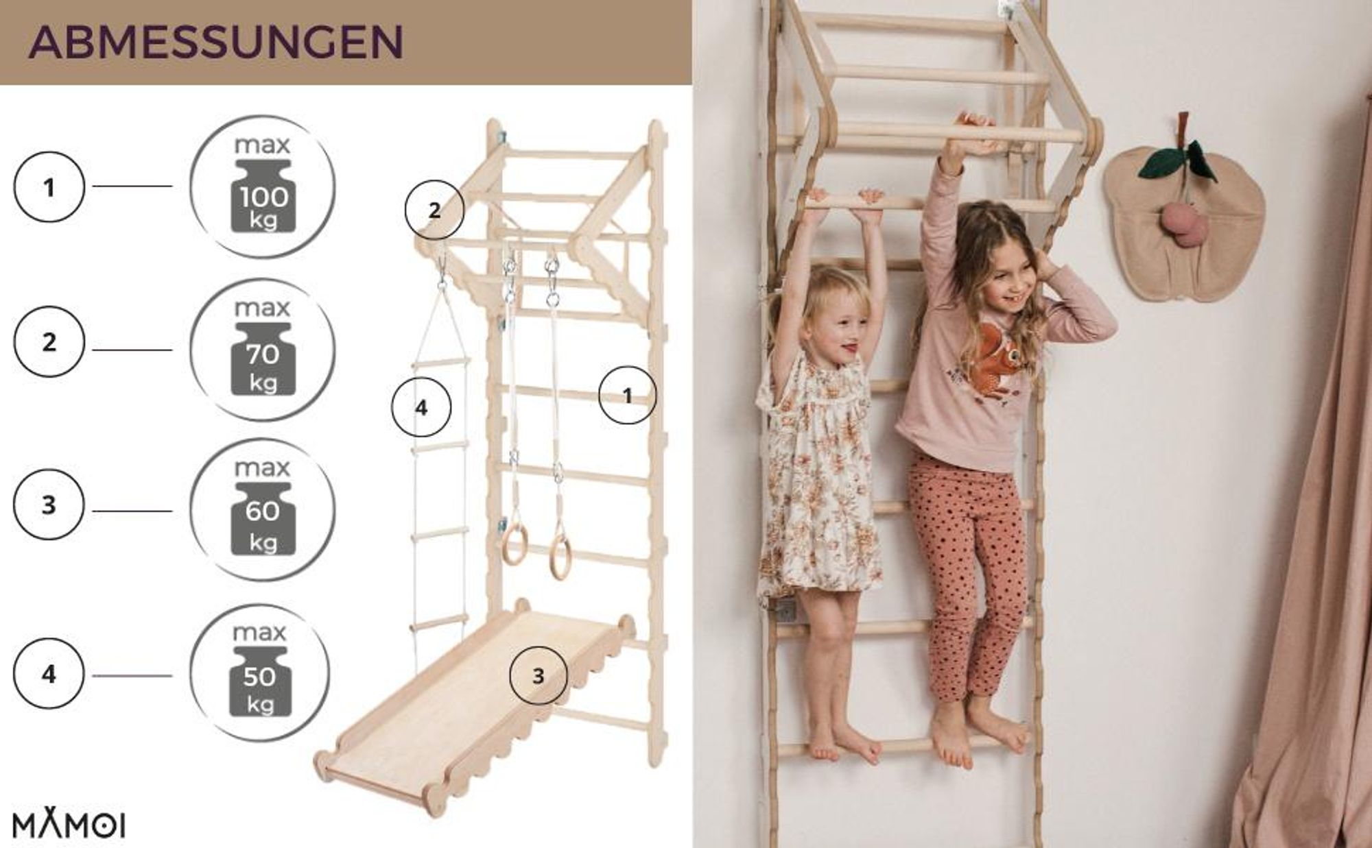 Gymnastik-Sprossenwand für Kinder (210 cm), Wandmontierte Trainingsleiter, Strickleiter für Kinder, Holz-Spielplatz für Zuhause, Turnringe