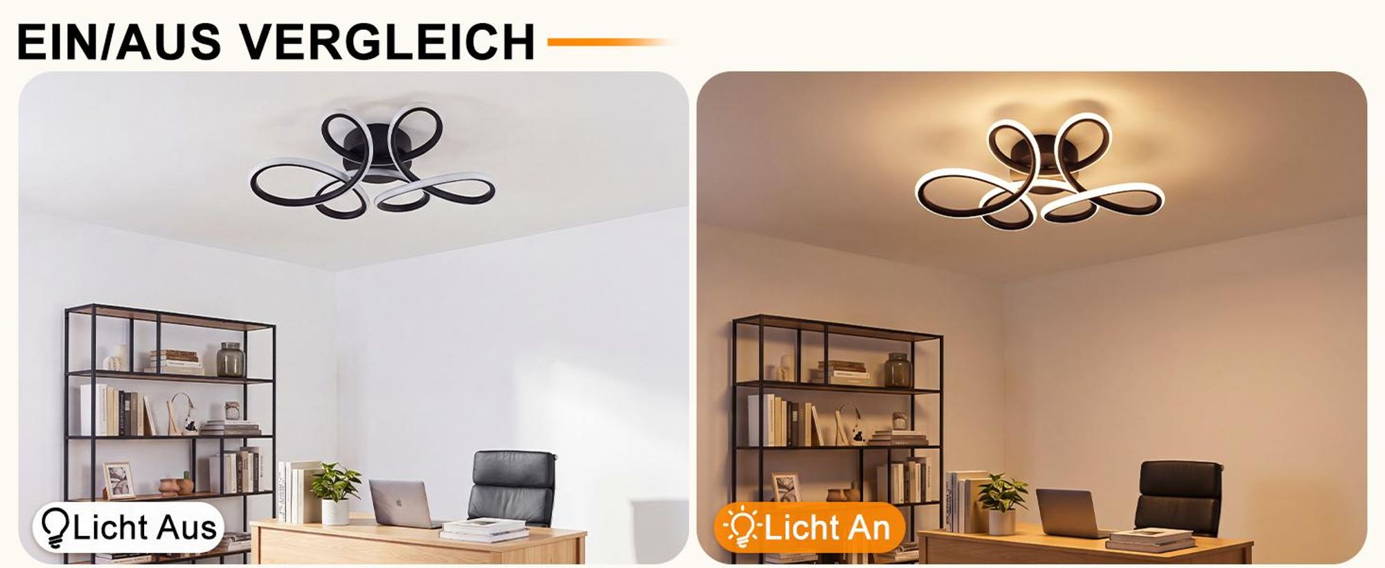 ZMH Deckenlampe Wohnzimmer LED Deckenleuchte 24W 3000K Küchenlampe Schwarz Modern Blume Design Wohnzimmerlampe für Schlafzimmer Büro Küche Flur