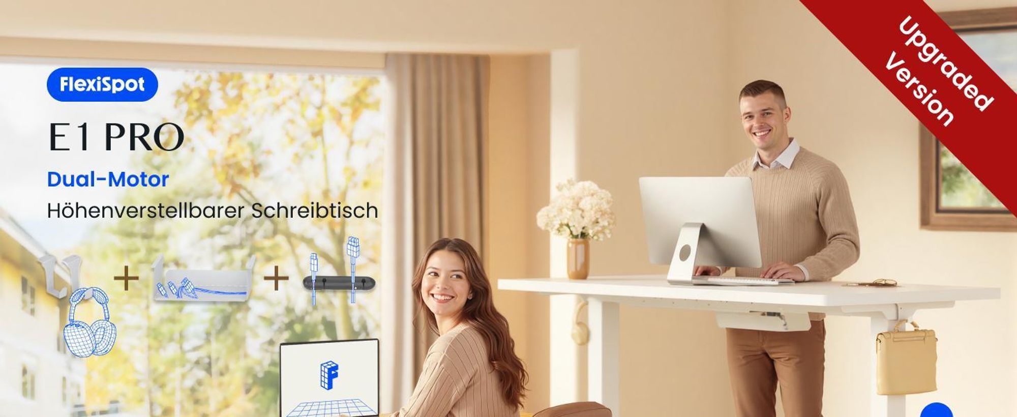 FLEXISPOT E1 Pro Elektrisch Höhenverstellbarer Schreibtisch 160x80cm 25MM EINTEILIGE TISCHPLATTE Doppelmotor 120KG Tragkraft, 4 Speicherplätze (Weiß)