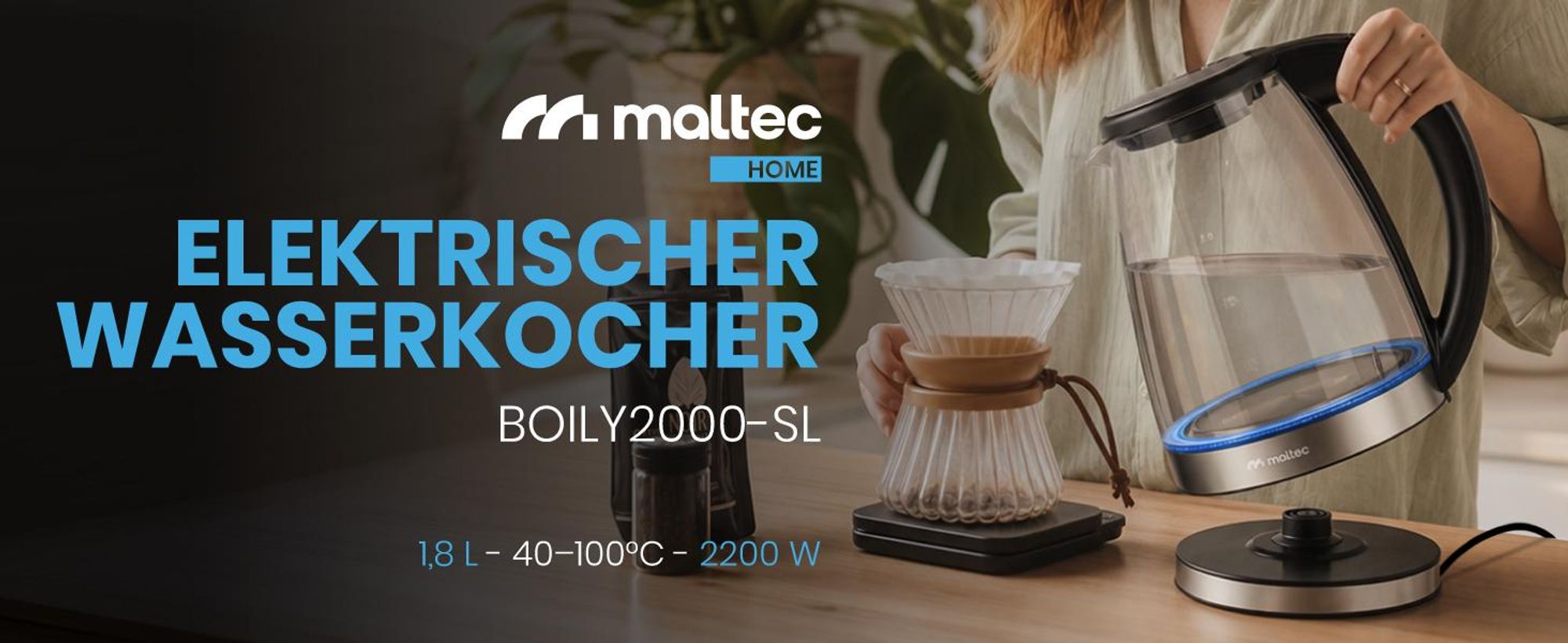 Elektrischer Glaswasserkocher mit einem Fassungsvermögen von 1800 ml Leistung 2200 Watt