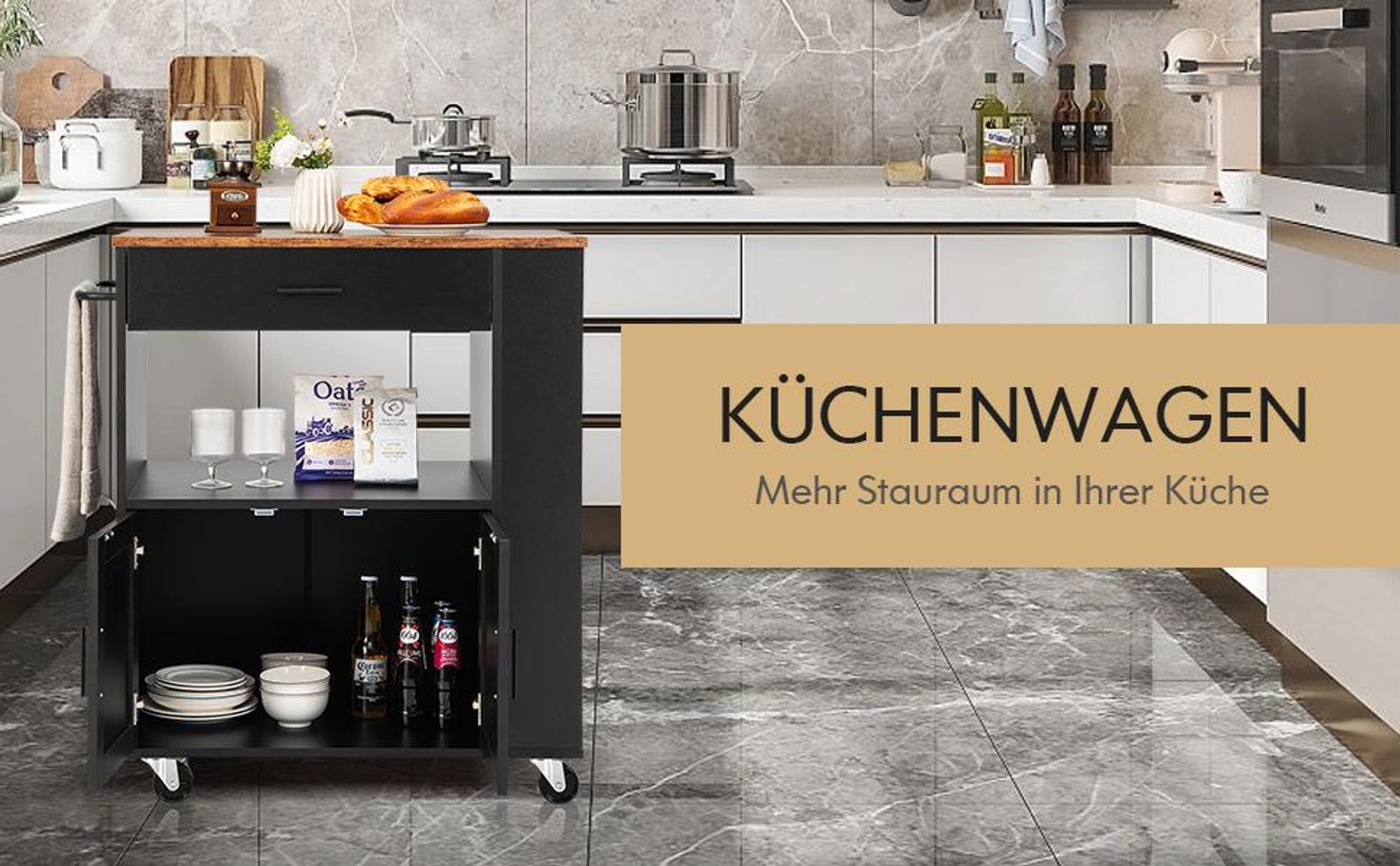 COSTWAY Küchenwagen auf Rollen, Servierwagen mit Arbeitsplatte, Handtuchhalter, 3 Gewürzregalen & Schublade, Kücheninsel Küchenschrank Holz Weiß