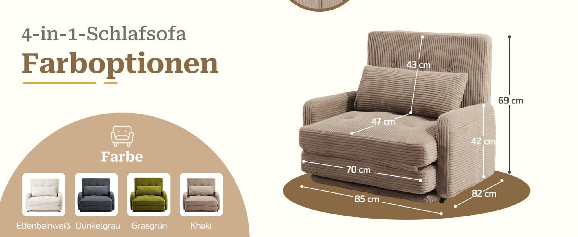 Faltbares 4-in-1 Sofa Bett, Klappbares Schlafsofa & Gästebett, Relaxsessel mit Schlaffunktion, Sitzsack Alternative für Wohnzimmer, Schlafzimmer Khaki
