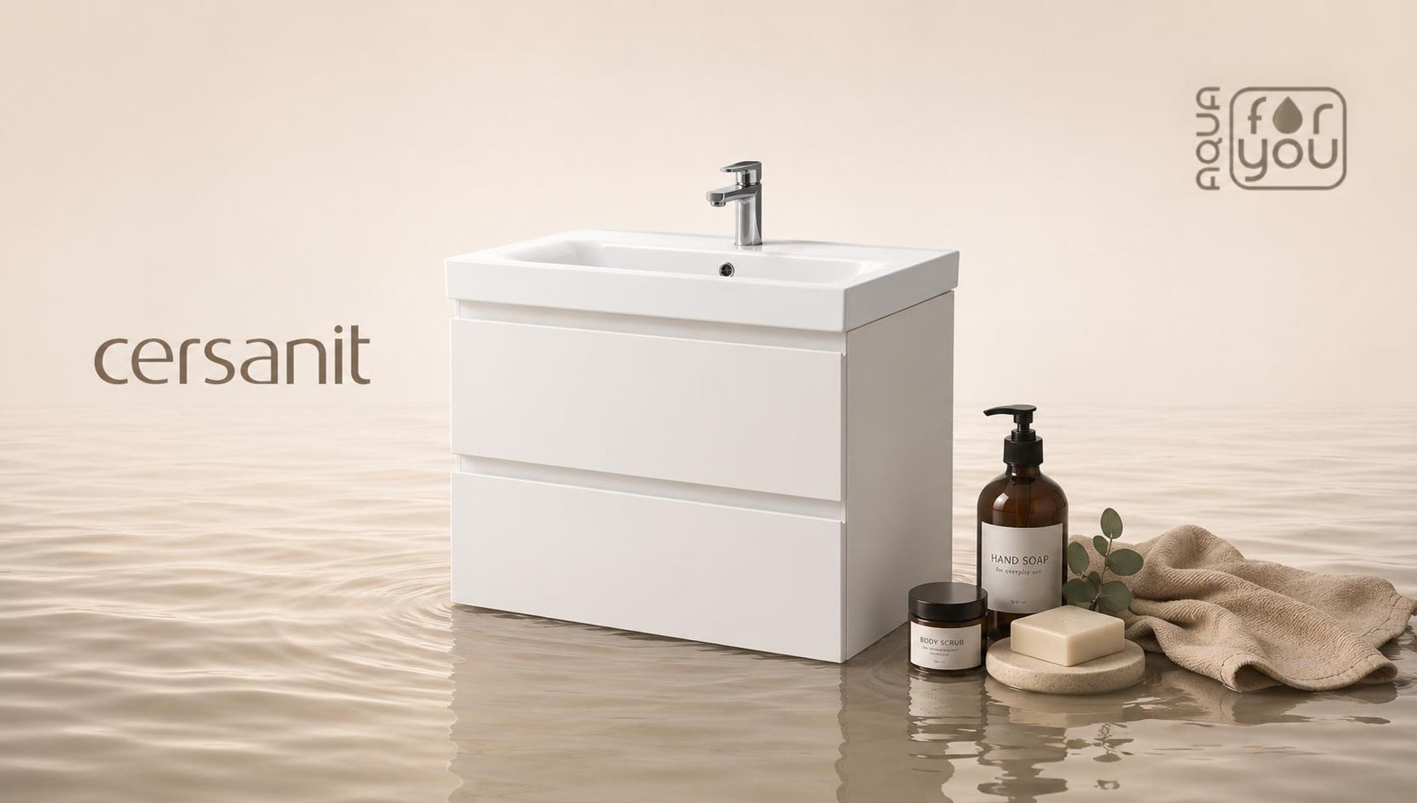 AQUA for you | Badezimmerschrank - CERSANIT MODUO - Waschtisch Set 40 cm – Kaschmir - mit Waschbecken, Unterschrank, Badmöbel Set, Badezimmerschränke