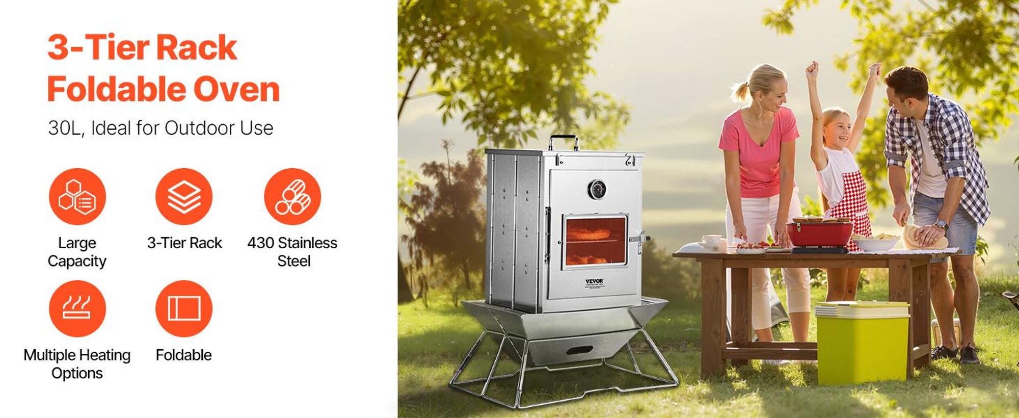 VEVOR Faltbarer Campingofen, tragbarer Campingkocher aus Edelstahl, mit 3-stufigem Grill, Griff und Thermometer, Verwendung mit Holzfeuer, Propanöfen, zum Backen von Brot, Pizza, für das Kochen im Freien, 3 Schichten