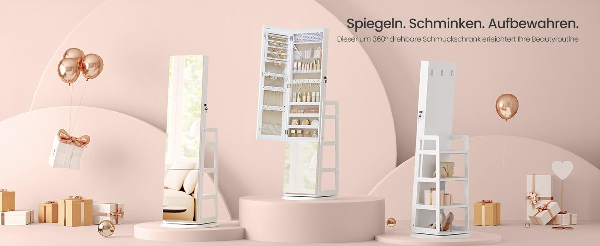 SONGMICS Schmuckschrank mit Ganzkörperspiegel, Schmuckaufbewahrung, Spiegelschrank mit 4 Ablagen, integrierte LED-Beleuchtung, 360° drehbar