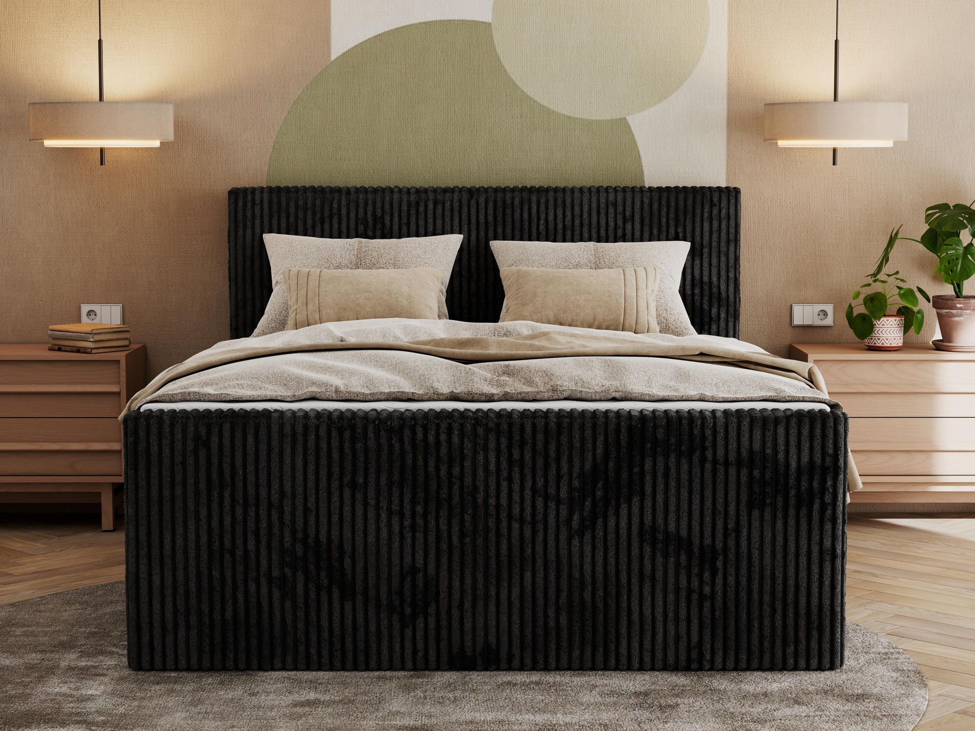 Gepolstertes Bett mit zeitlosem Design und hohem Schlafkomfort.