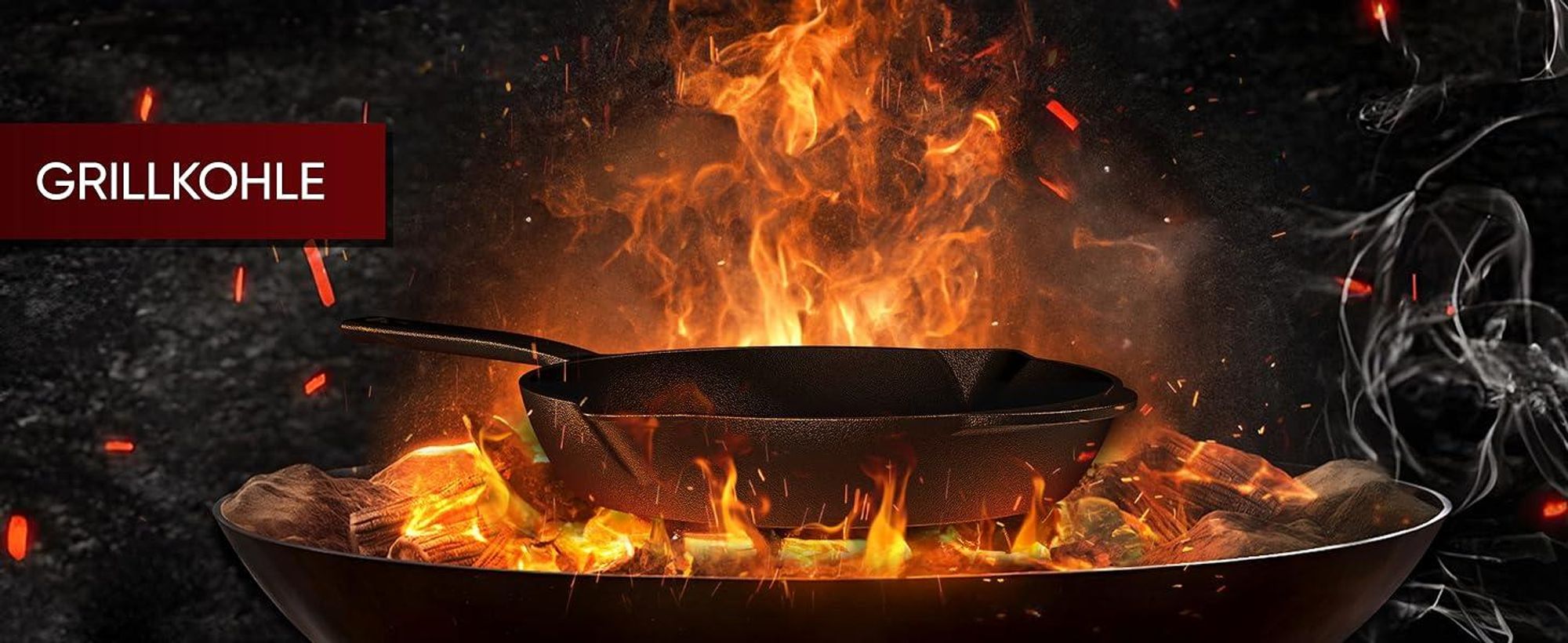 Gusseisenpfanne über offenem Feuer – ideal fürs Outdoor-Cooking & Camping-Gerichte.