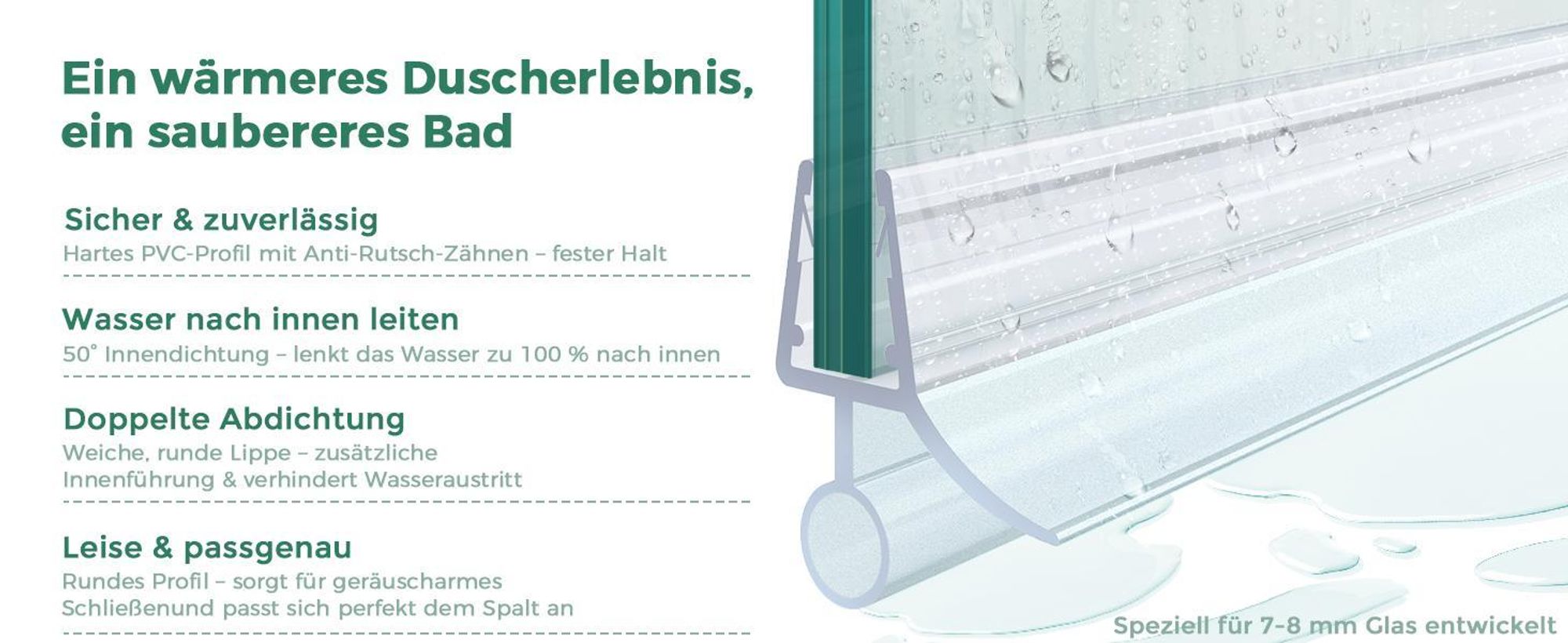 S'AFIELINA Ersatzdichtung Wasserabweiser Duschdichtung Schwallschutz Duschkabine Bad 7-8mm Glas 100cm 2 Stück