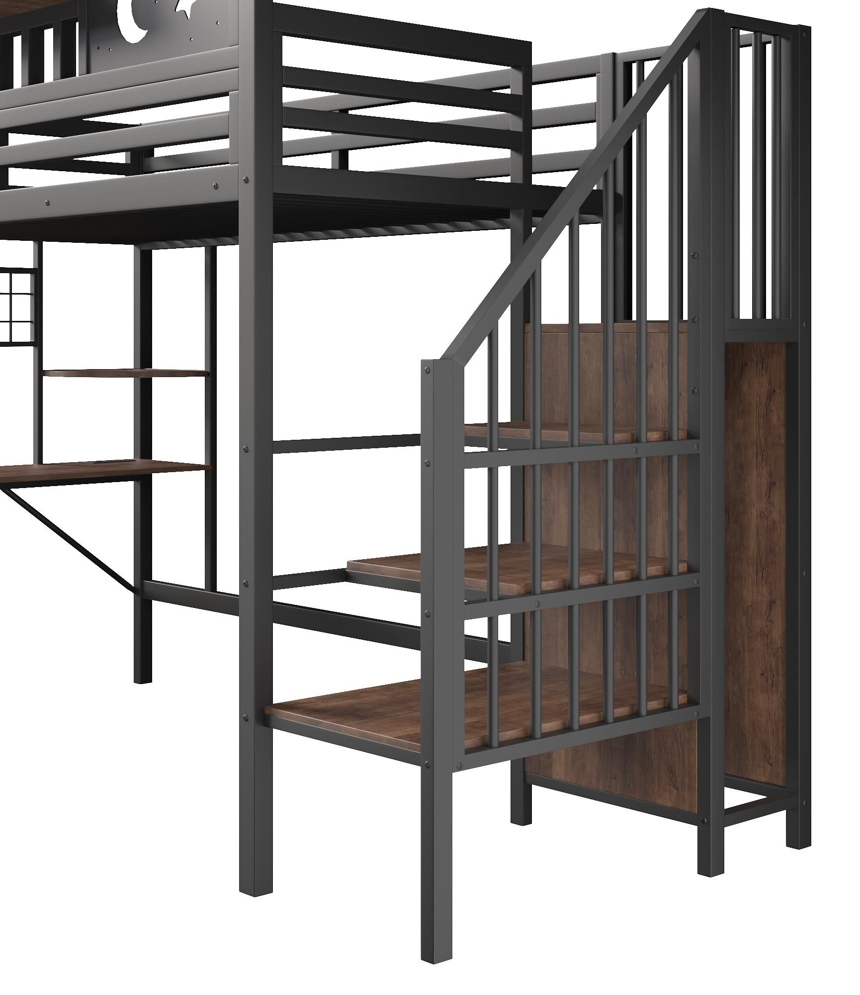 Flieks Etagenbett 90x200cm mit USB, Hochbett mit Led, Kinderbett Jugendbett mit Schreibtisch und Lochwand, Stockbett Metallbett mit Treppe, Schwarz