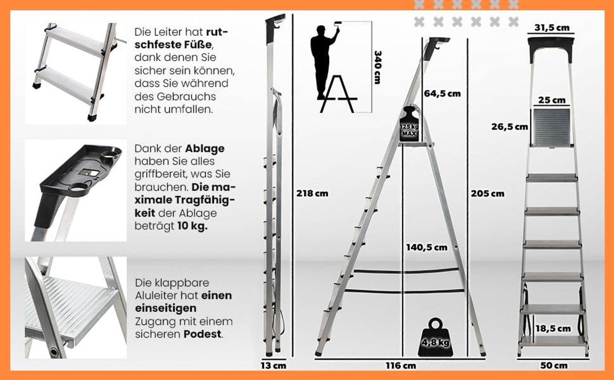 KADAX Aluminiumleiter "Vulvik", Klapptrittleitern, Stehleiter bis zu 125 kg, klappbare Leiter mit Ablage, 7 Stufen