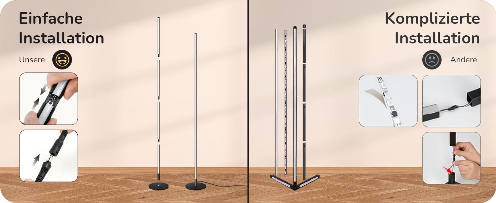 EDISHINE LED Stehlampe Wohnzimmer Dimmbar, Stehleuchte höhenverstellbar, Schwarz