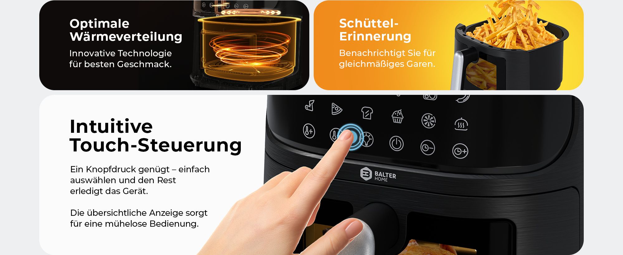 Balter Heißluftfritteuse XXL 5,5L mit Sichtfenster, 1500W, Airfryer, ohne Öl, 12 Programme, Touch-Bedienung, 100 Rezepte, Edelstahl, Schwarz