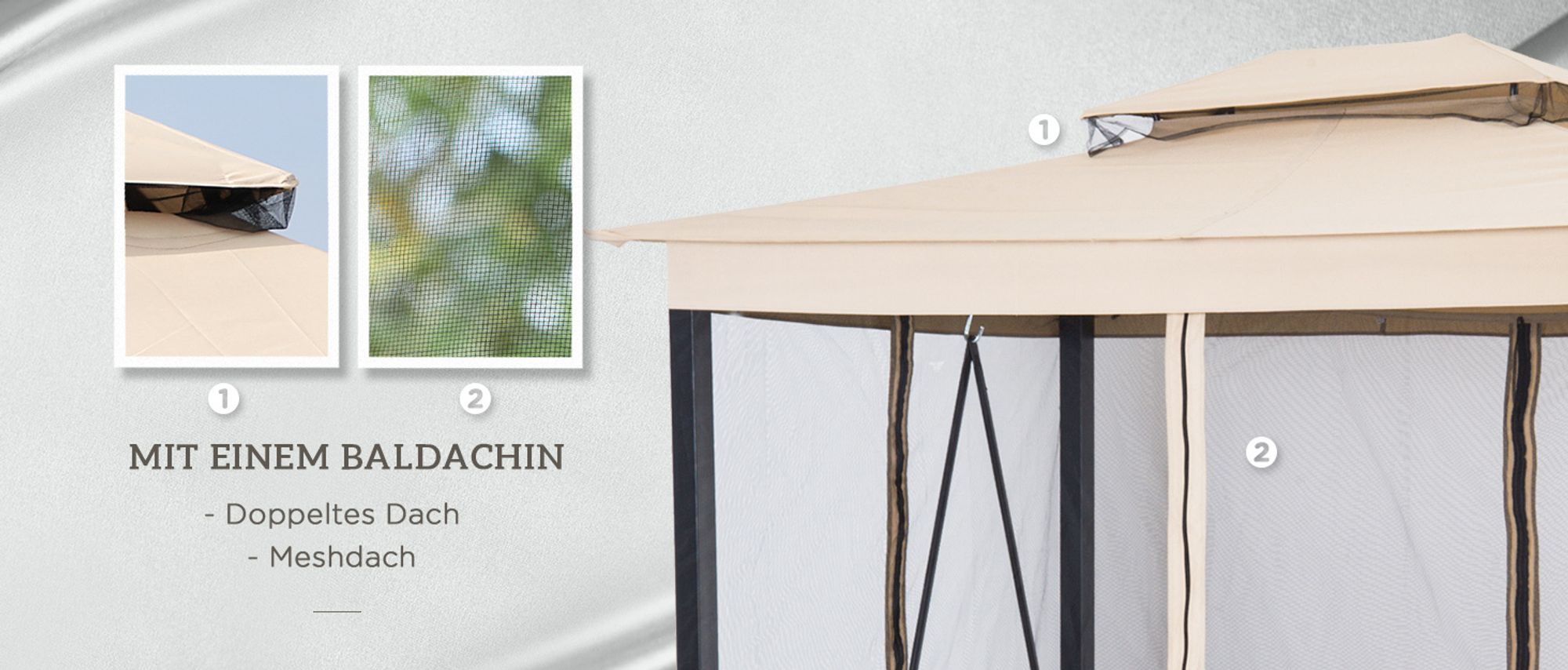 Outsunny Hollywoodschaukel Gartenschaukel Schaukel mit Seitenwänden 3-Sitzer Beige 256 x 172 x 248 cm