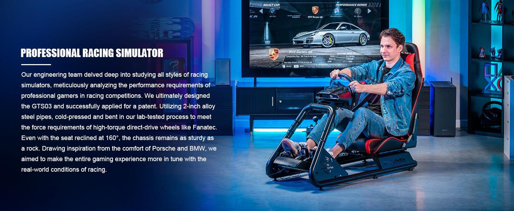 GTPLAYER cockpit simulatore, cockpit da corsa SIM, supporto volante simulatore di corse sedia da gioco supporto volante da corsa con altoparlante Bluetooth e vassoio pedaliera
