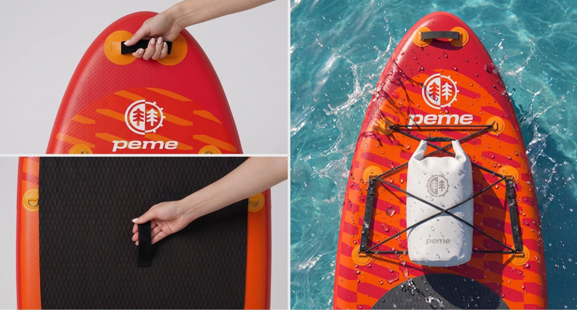 Planche de stand up paddle PEME - Orange coucher de soleil - 350 cm - Pagaie double et accessoires complets, SUP, planche de surf gonflable, jusqu'à 166 kg, - Rouge et orange