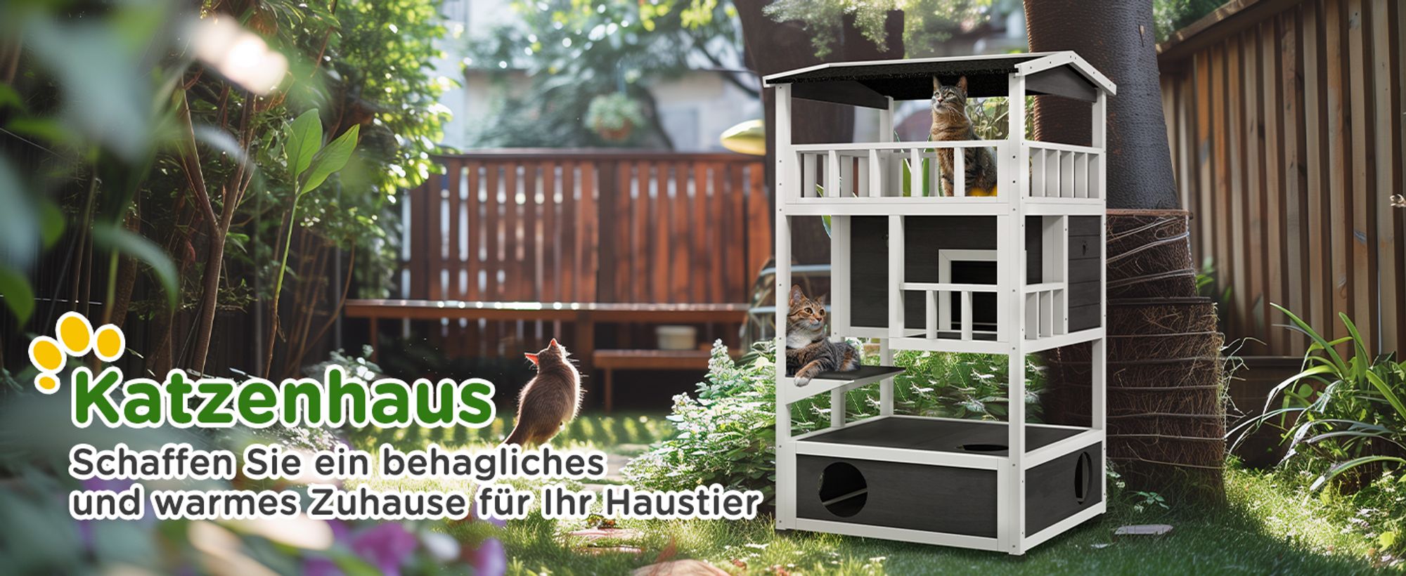 PawHut Katzenhaus,4 Etagen, Katzenvilla,  Katzenhütte für draußen, Tannenholz