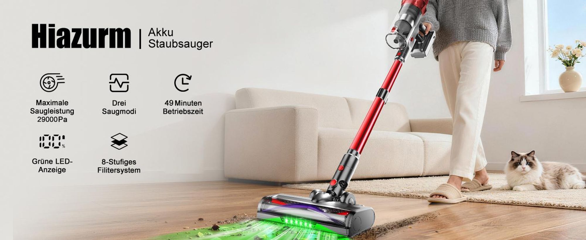 Hiazurm Akku Staubsauger,Staubsauger kabellos mit Touchscreen, HEPAx4, Schlauchbürste, Staubsauger, Anti-Tangle-Staubsauger