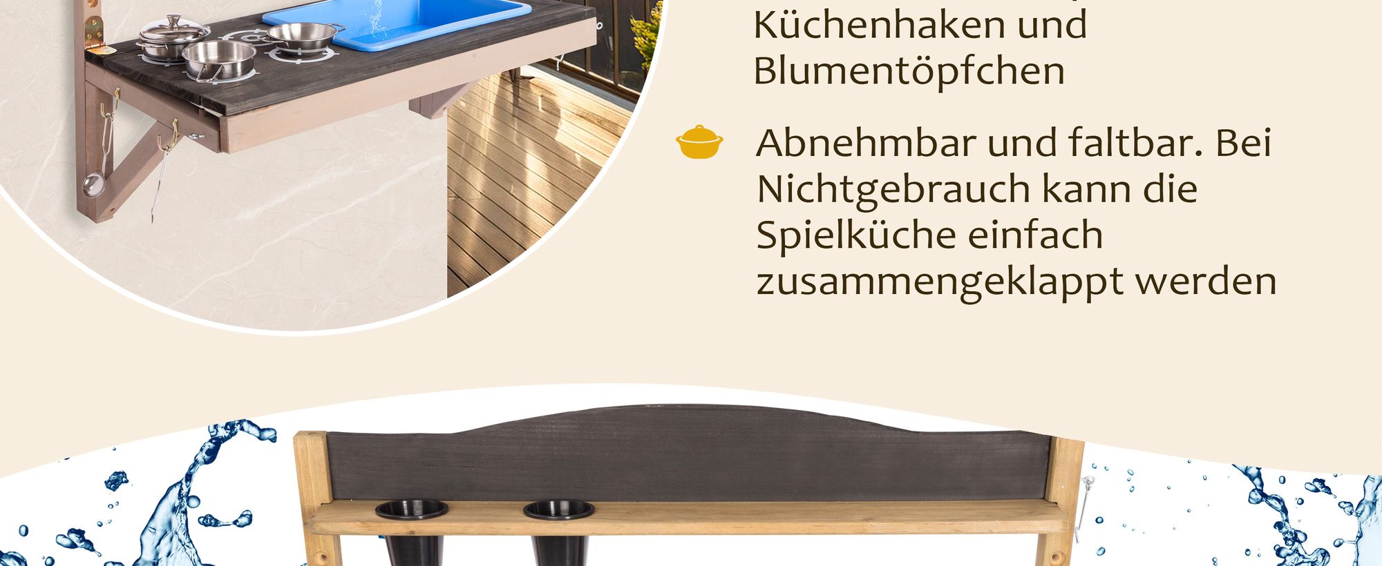 ONVAYA® Hänge-Matschküche ǀ Braun ǀ für Outdoor und Indoor ǀ wetterfest ǀ faltbar ǀ mit Edelstahl-Kochset ǀ Matschküche für den Garten