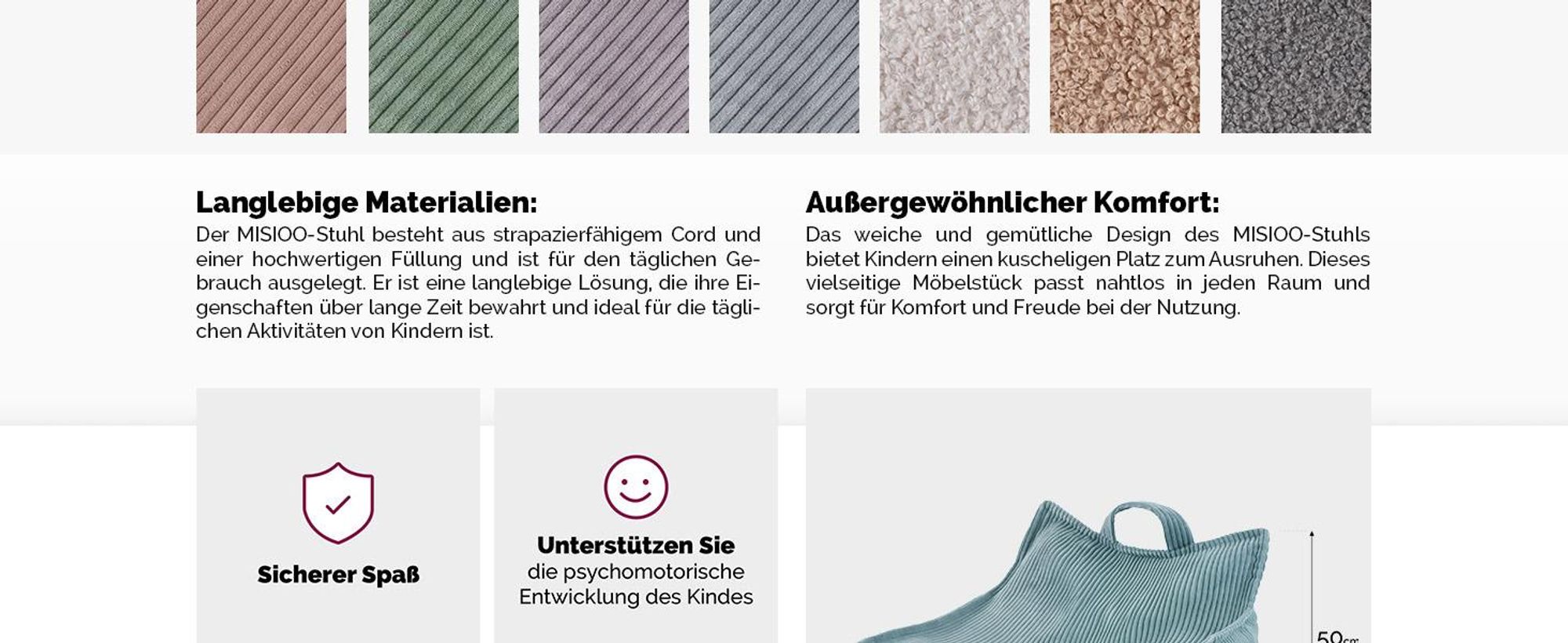 MISIOO Sitzsack Pouf für Kinder - Puffy Square - Kindersessel - Samt Pouf aus Cord - Ideal für das Kinderzimmer - Leicht zu Waschen - Blau