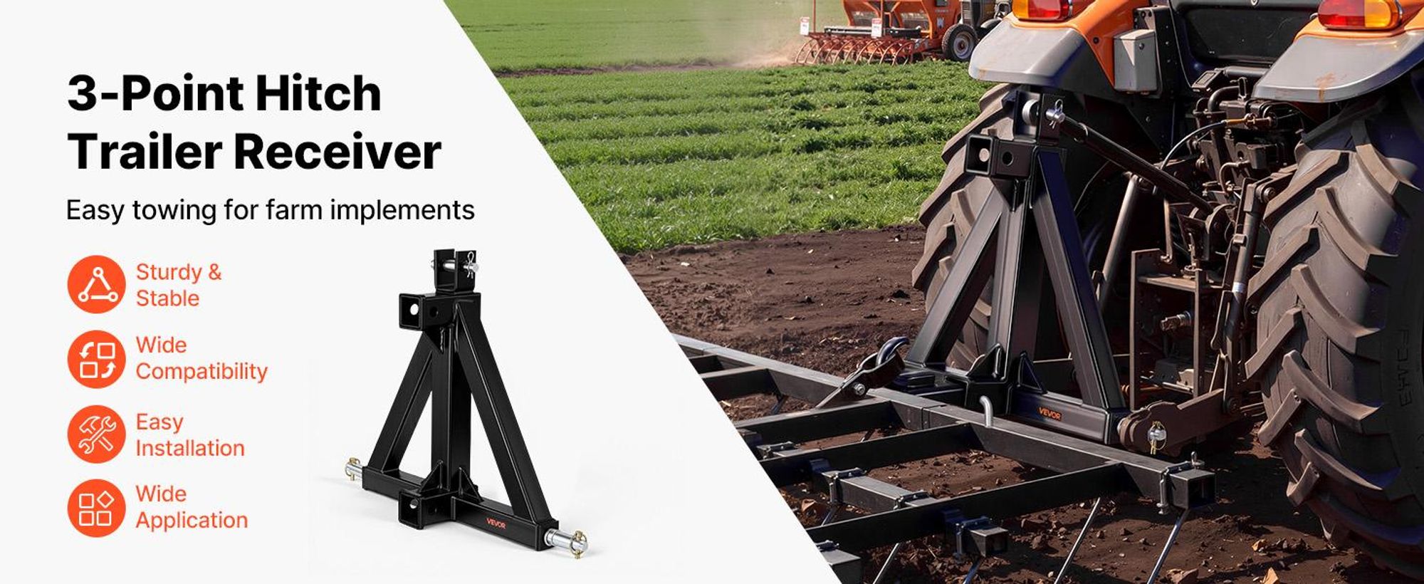 VEVOR 3-Punkt-Anhängerkupplung mit 2-Zoll-Anschluss, 3-Punkt-Schnellkupplung, 3.000 lbs Tragfähigkeit, Schwerlast-Traktor-Zugdeichsel-Adapter, kompatibel mit Kubota, Mahindra, John Deere, Massey Ferguson, 21 Zoll-Dual-Schnittstelle-Standard