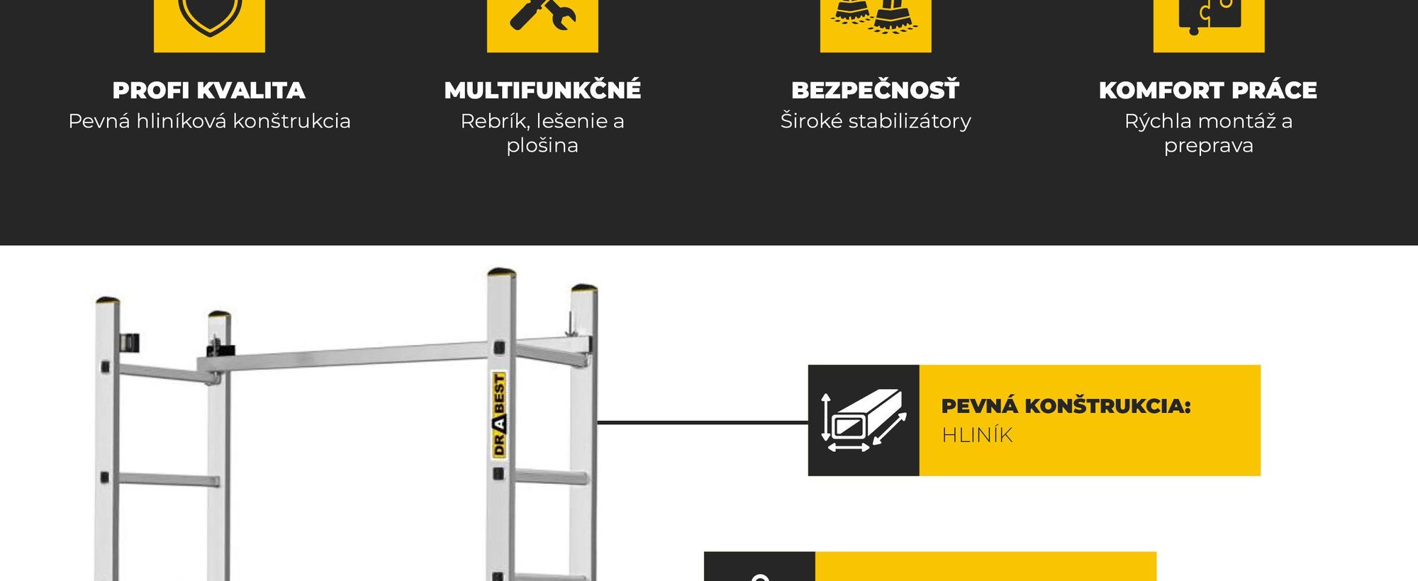 Drabest | Hliníkové lešenie – Hliníkové lešenie 2×7 – Rebríkové lešenie – Nosnosť plošiny: 150 kg – Rozmery plošiny: 46×150 cm
