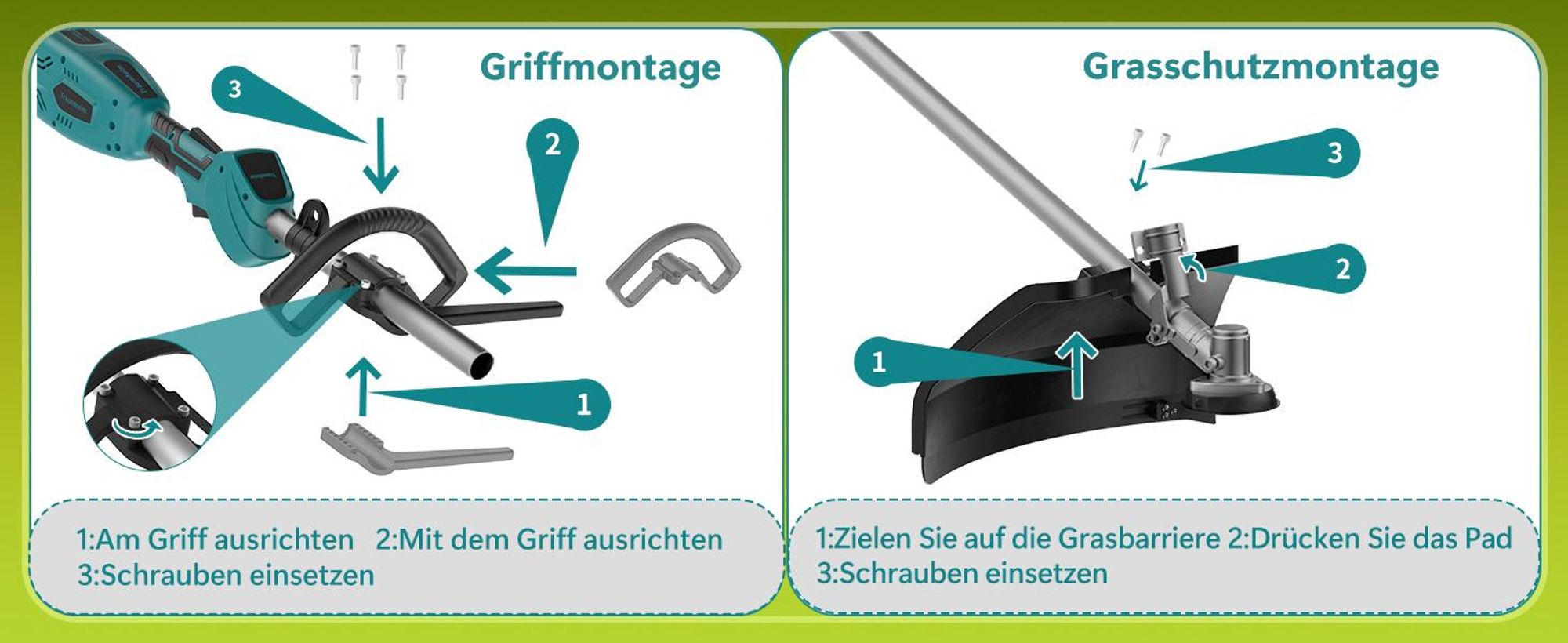 950W Akku Rasentrimmer mit 2×4000mAh 21V Akkus, 10 Zoll Schnittbreite, Bürstenloser Motor Freischneider mit Unkrautbürste & 4 in 1 Messern + Ladegerät
