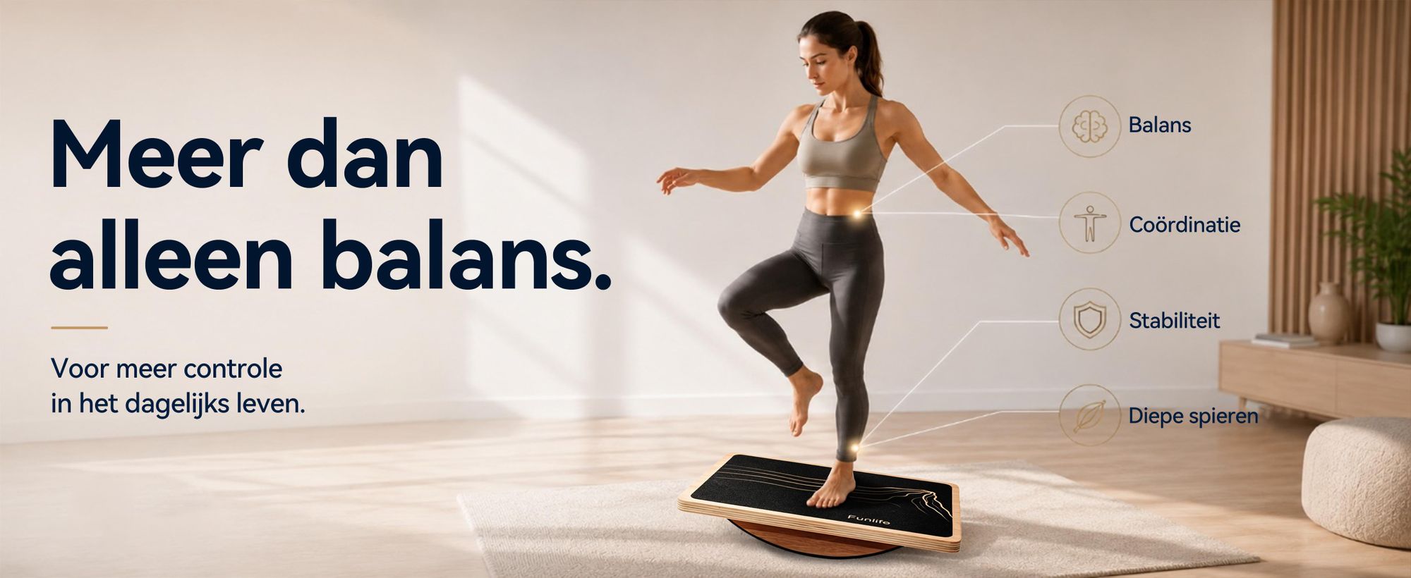 FunLife houten balansbord, wiegplank voor evenwicht en coördinatie, geschikt voor thuiswerken, antislip, 43 x 33 cm, belastbaar tot 159 kg