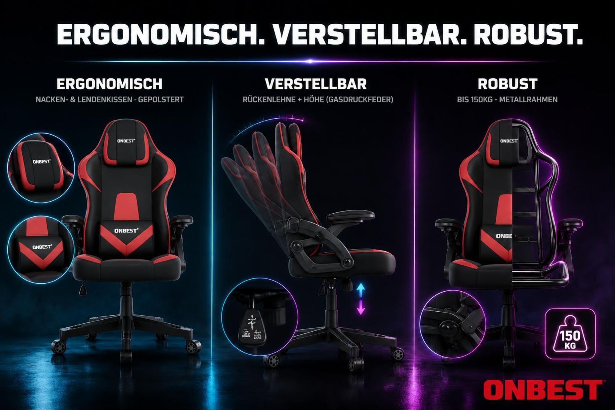 ONBEST Gaming Stuhl | Ergonomisch | mit Lordosenkissen | 150 kg | 360° | verstellbare Armlehnen Kopfstütze Rückenlehne