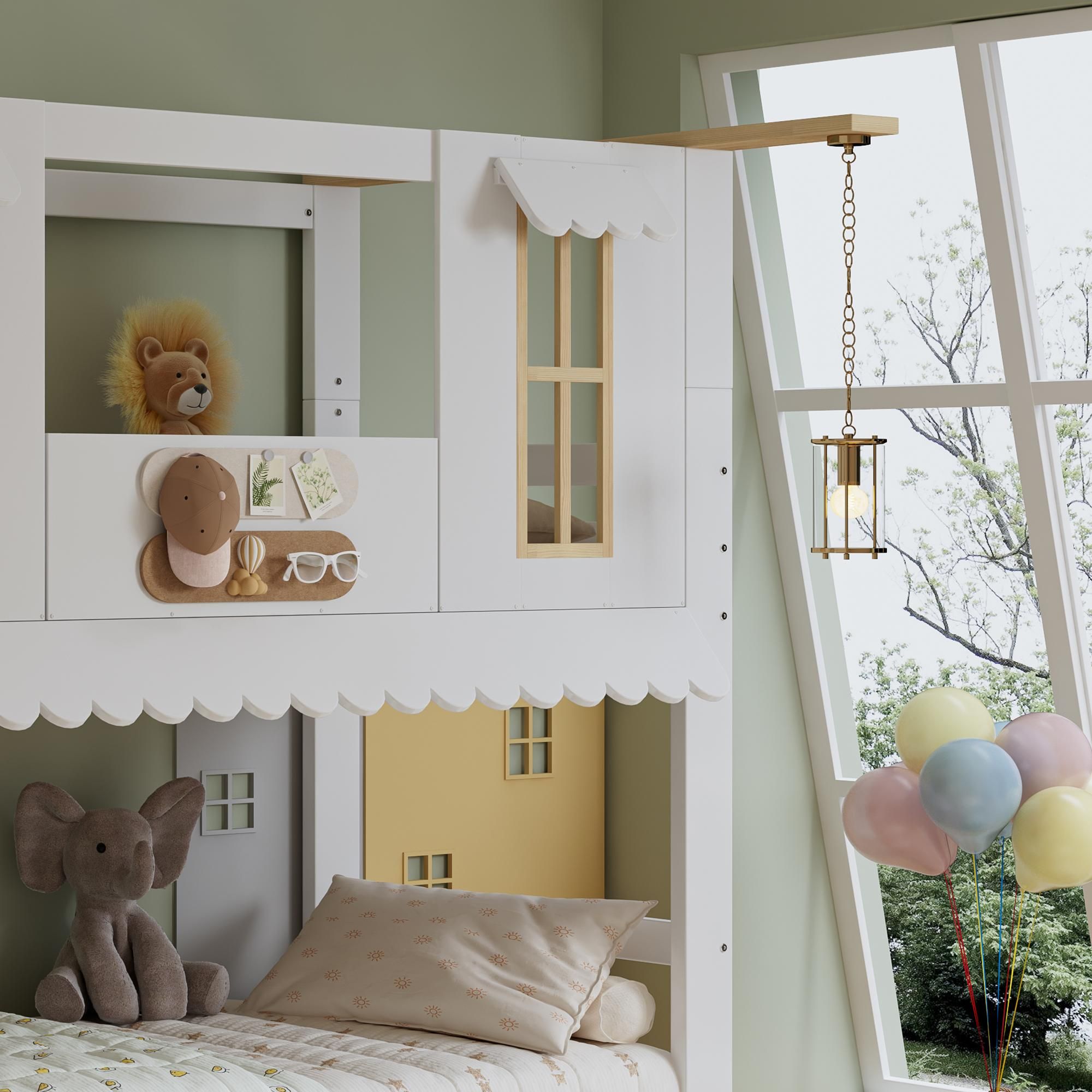 Flieks Etagenbett 90x200cm mit Rausfallschutz, Kinderbett Hausbett mit Fenster, Hochbett mit Lattenrost und Stauraumtreppe, Stockbett Weiß
