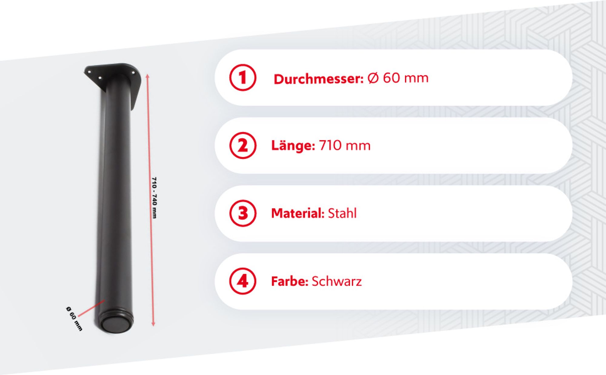 Wiltec Edelstahl Tischbein Set, schwarz, 4 Möbelfüße Ø 60 mm und mit verstellbarer Länge 710-740 mm, bis 200 kg Tragkraft