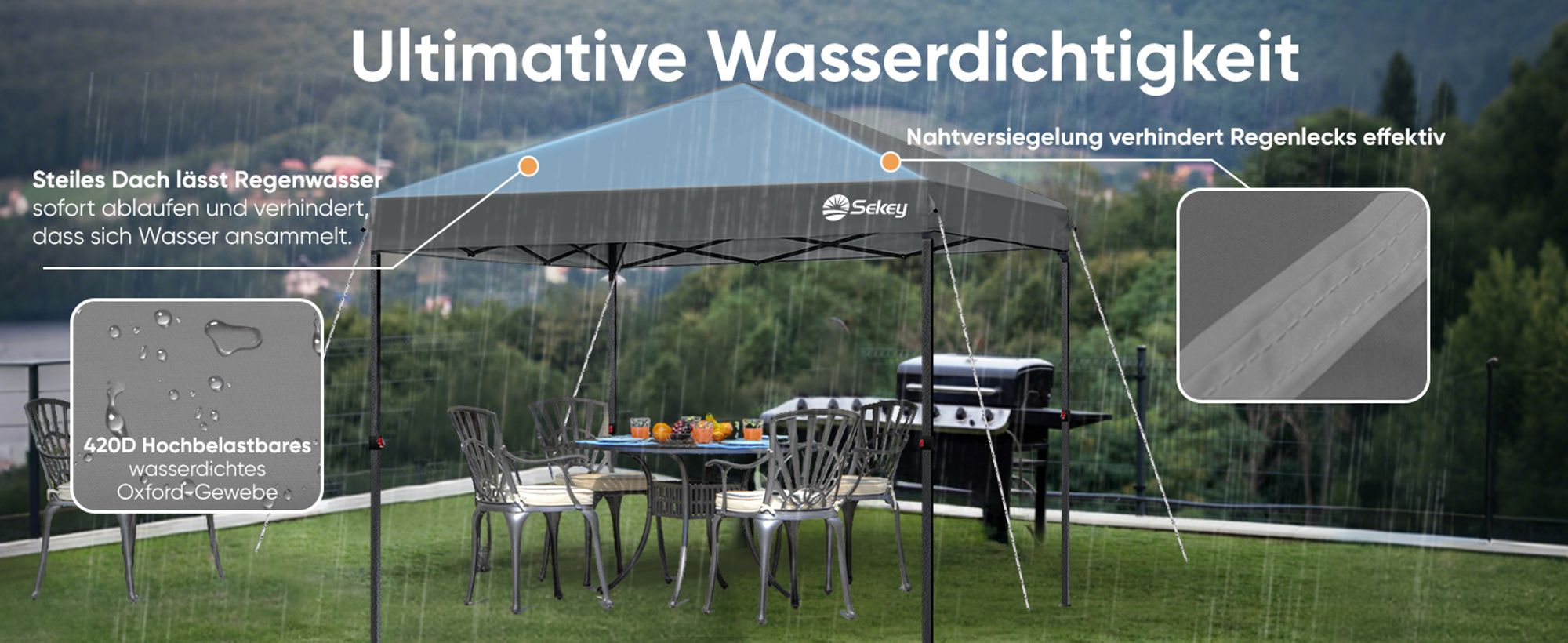 Sekey Faltpavillon 3x3 wasserdicht, Pop Up Pavillon mit 4 Sandsäcken, UV-Schutz 50+ Pavillons & Partyzelte Festzelt, Grau