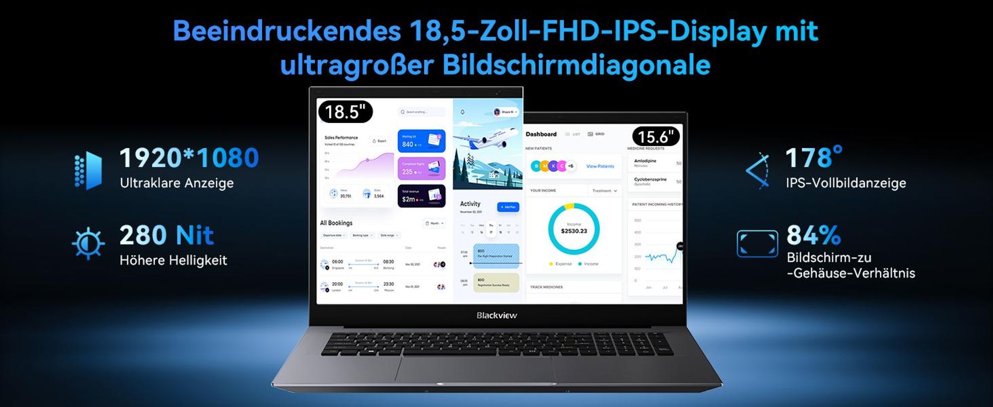 Blackview AceBook 10 18,5" FHD IPS Laptop mit 180° Display & Blaulichtfilter - Intel N150, 16GB DDR4, 512GB SSD, 60,8Wh Akku, Win 11 Pro