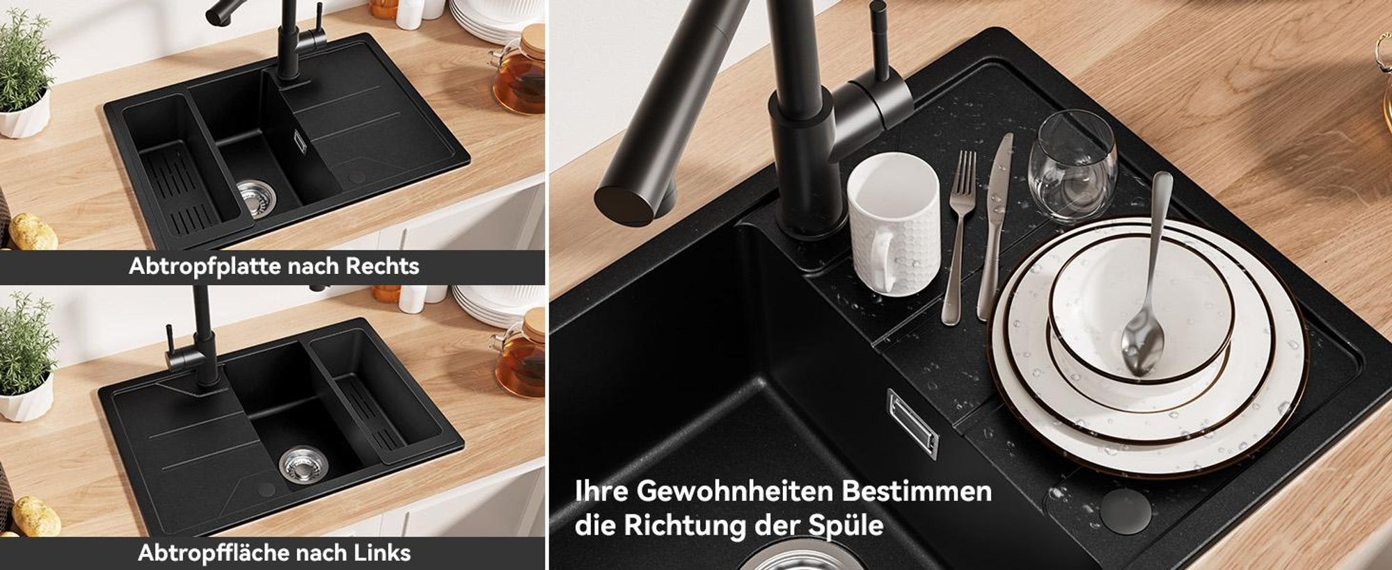Granitspüle & Küchenspüle 65 x 45 cm, pflegeleichte Küchenspüle, Hitzebeständig Kratzfest, Einbauspüle Schwarz, Cecipa Spülbecken mit Korb