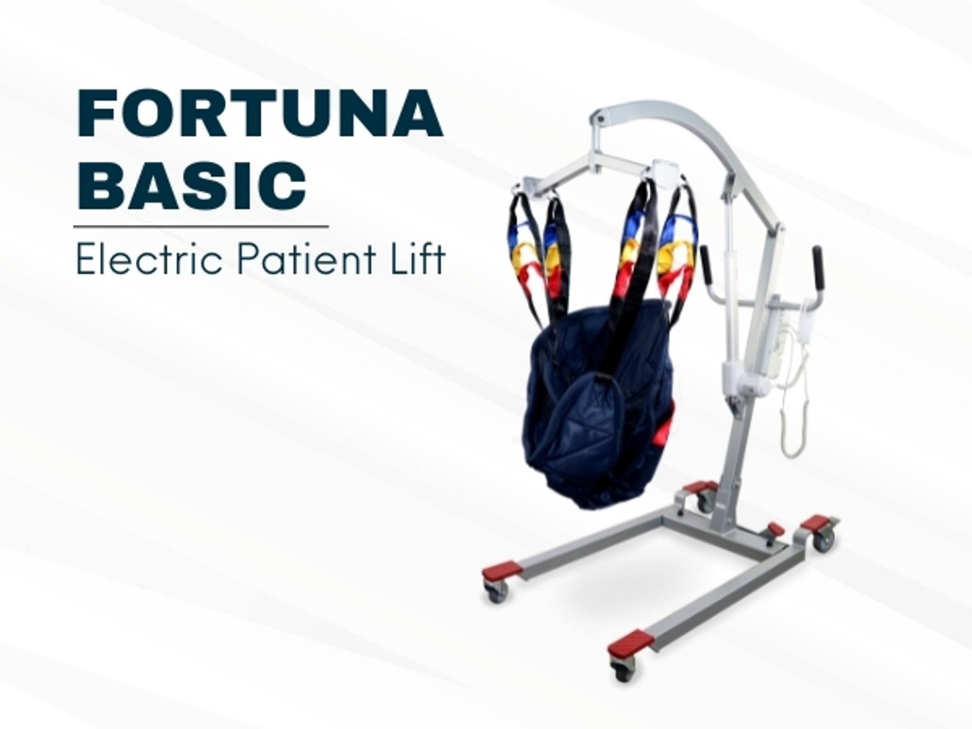Patientenlift Elektrisch Modell Fortuna Basic Mobilcinic Inklusive Transfergurt Tragfähigkeit bis 180 kg Sicherheitsrollen Schwerlast