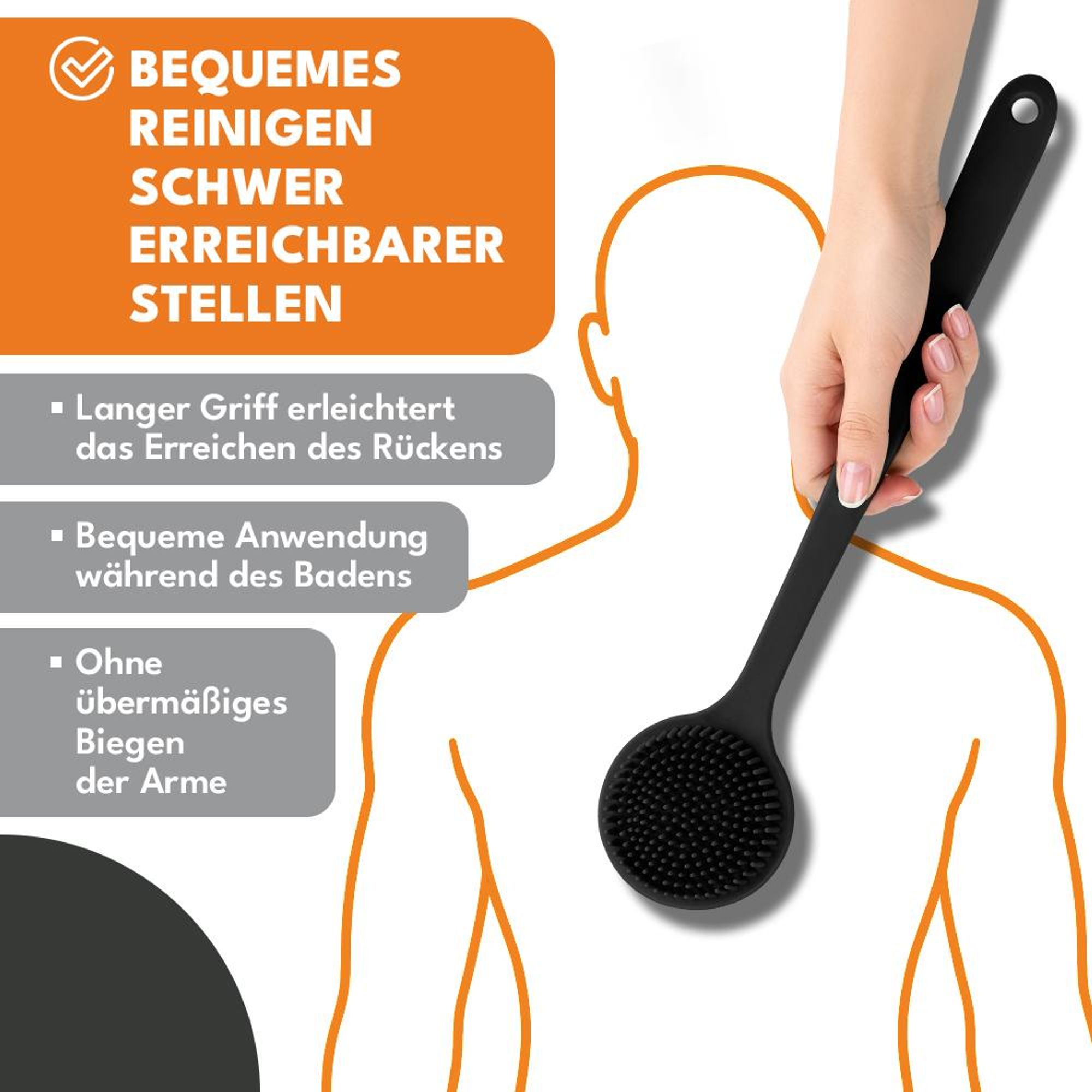 KRUMAD Silikon Rückenbürste Dusche, Körperbürste mit langem Griff 37,4 cm, Duschbürste doppelseitig, Weiches Silikon, Massage und Reinigung Bad