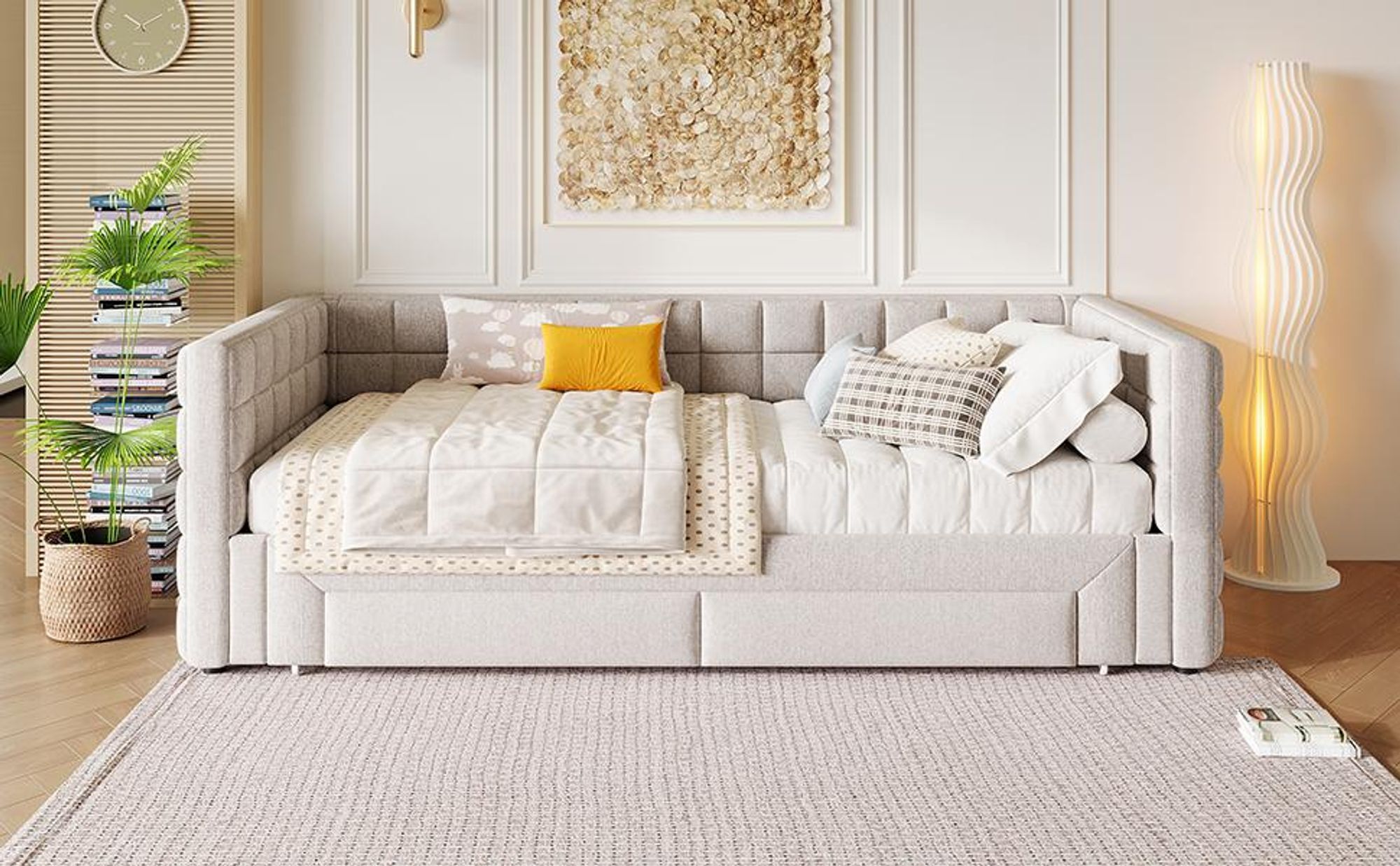 Merax Tagesbett Daybett 90x200 cm, mit Ausziehbett 90x200 cm, 2 Schubladen, Quadratisches Muster, Schlafsofa, Kinderbett, polsterbetten, Samt, Beige