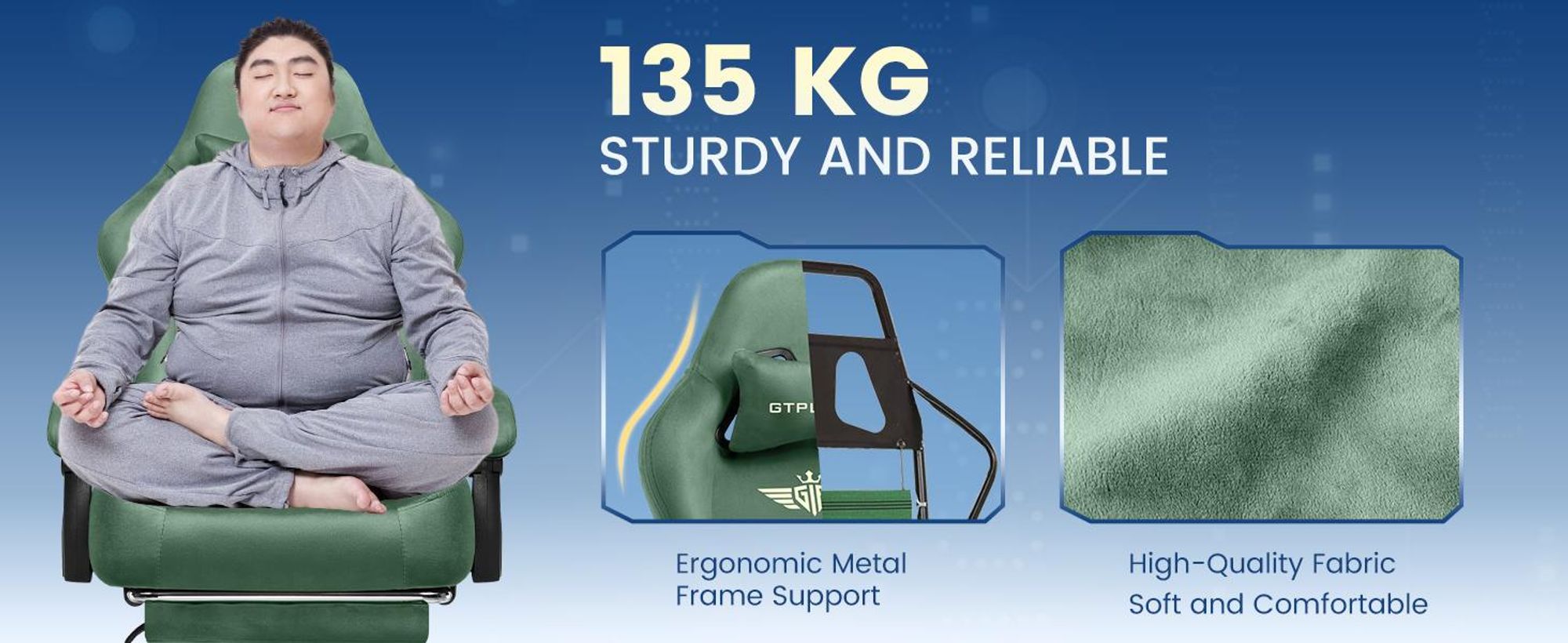Krzesło do gier GTPLAYER Ergonomiczny fotel do gier Krzesło do biurka Krzesło biurowe z materiałową powierzchnią Sprężynowa poduszka siedziska, łączone podłokietniki, z podnóżkiem